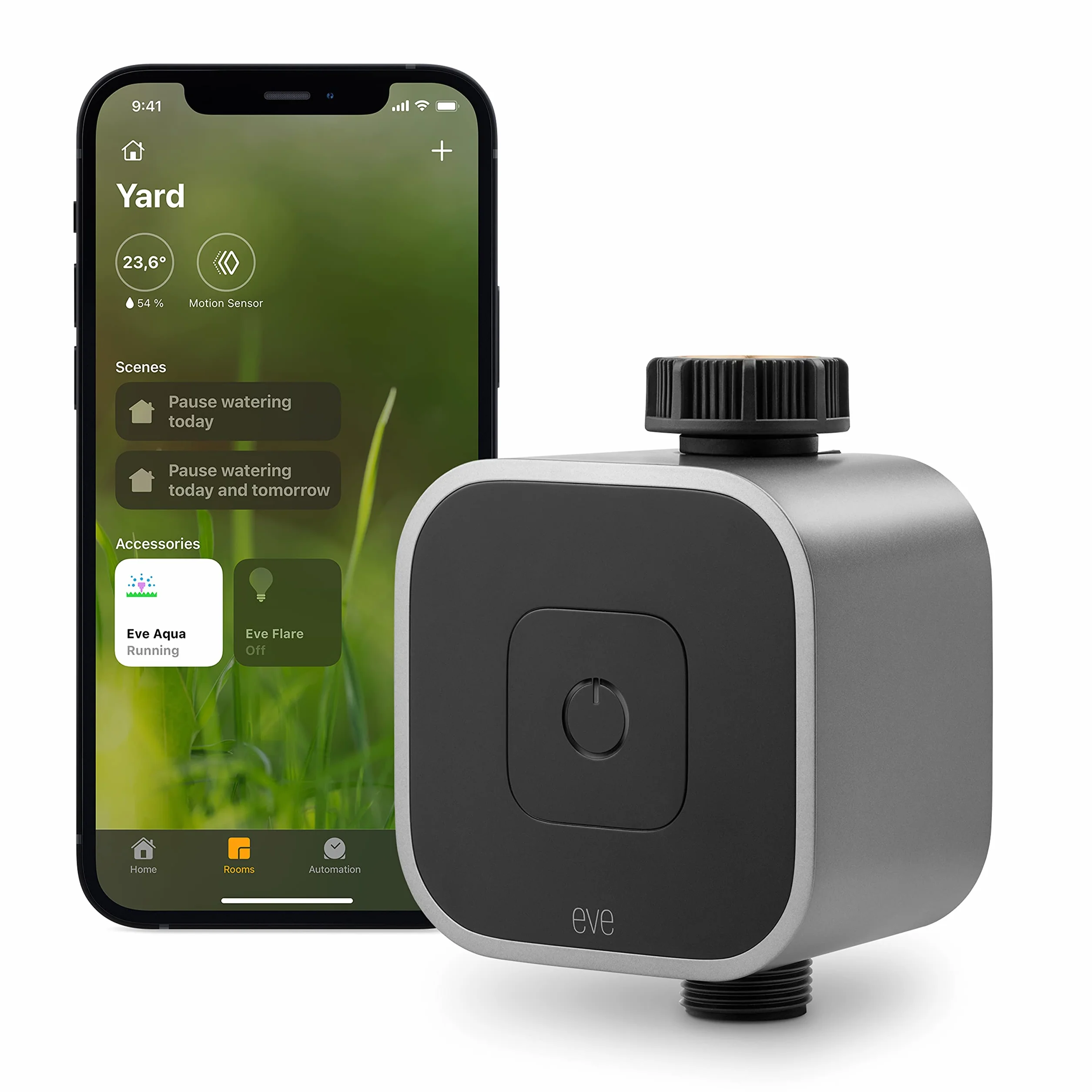 Eve Aqua – inteligentne sterowanie nawadnianiem za pomocą aplikacji lub Siri, automatyczne nawadnianie, harmonogramy czasowe, łatwa obsługa, zdalny dostęp, bez mostka, wątków, HomeKit, srebro