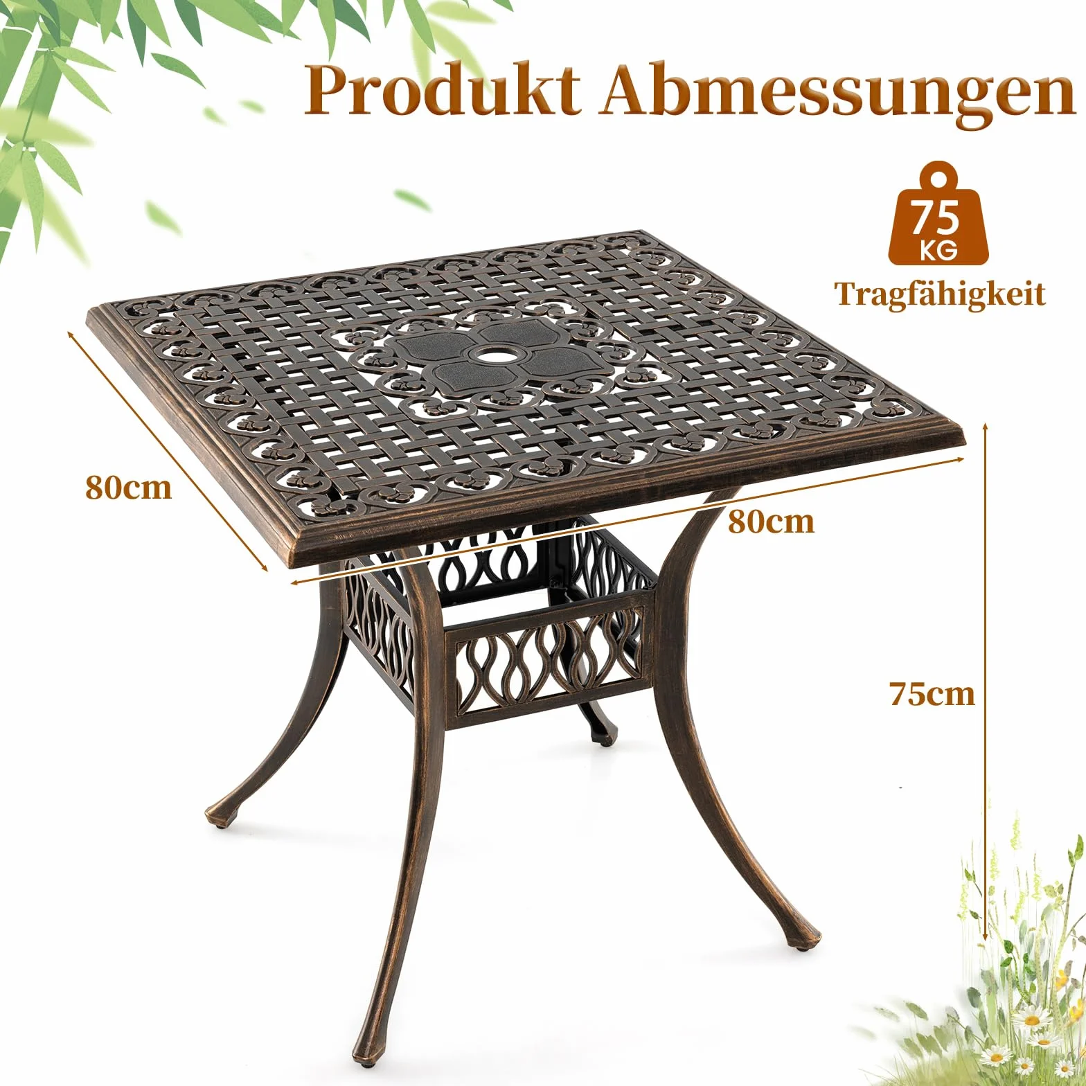 COSTWAY Stół ogrodowy z otworem na parasol, 80 x 80 x 75 cm, kwadratowy stół balkonowy z odlewu aluminiowego, odporny na warunki atmosferyczne, stół tarasowy dla 4 osób, stół do jadalni na zewnątrz do