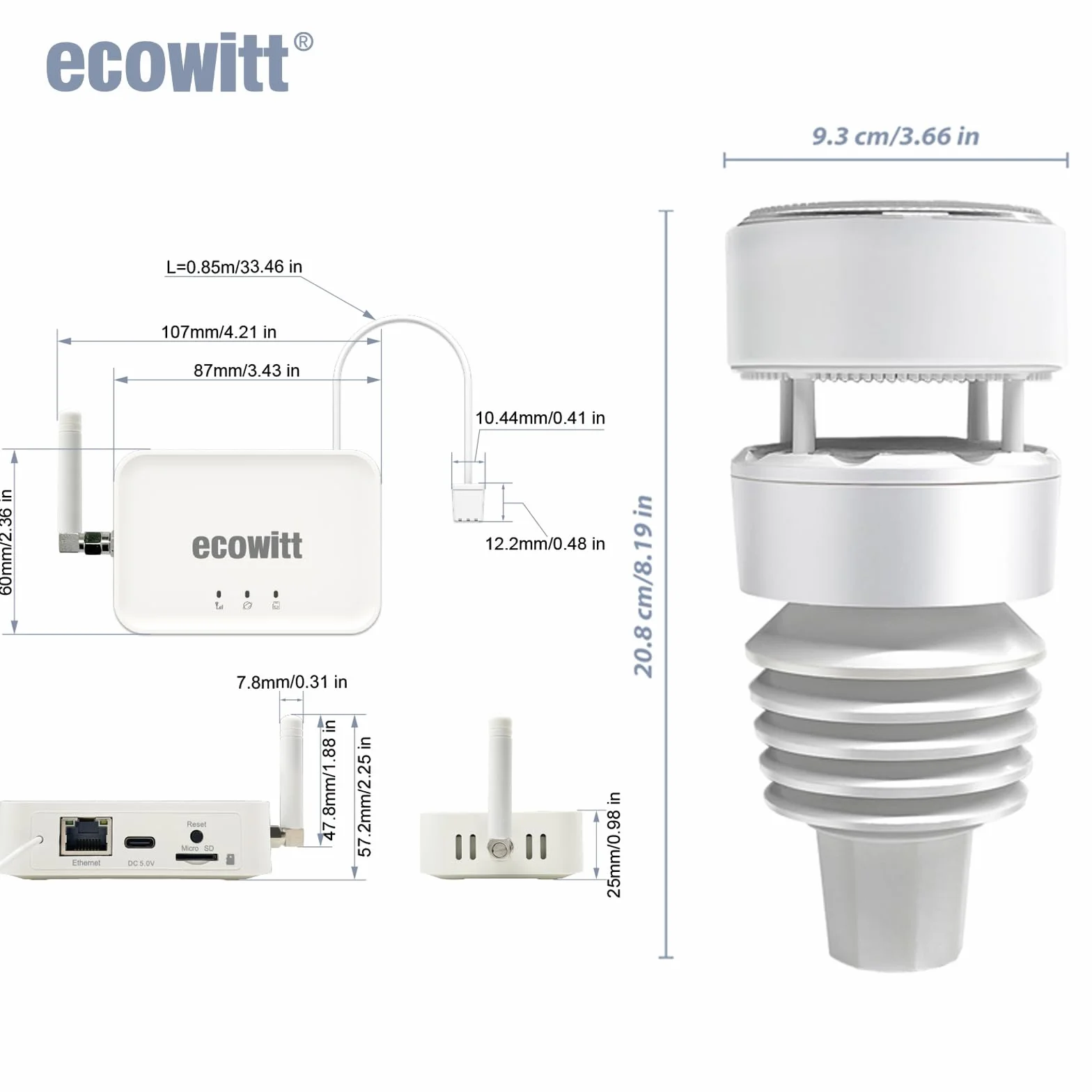 ECOWITT GW3001 Stacja pogodowa 7 w 1 z czujnikiem zewnętrznym WS90 i bramką 3 w 1 WiFi GW3000 868 MHz