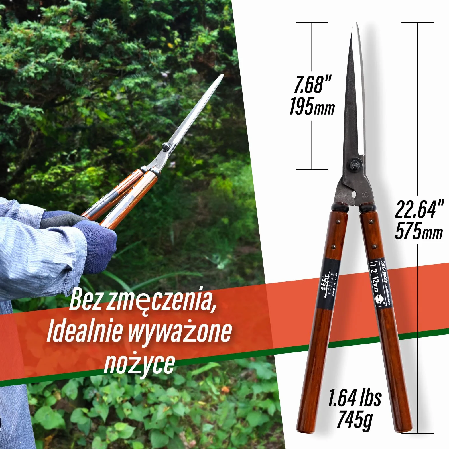 SUIZAN Nożyce do żywopłotu 575mm - Japońskie profesjonalne narzędzie do precyzyjnego przycinania