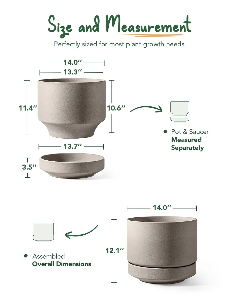 LE TAUCI Ceramiczna Doniczka 35 cm, Donica z Otworem Odpływowym i Podstawką, Nieszkliwiona Porowata Ceramika, do Domu, Patio i na Zewnątrz, Neutralna Szarość
