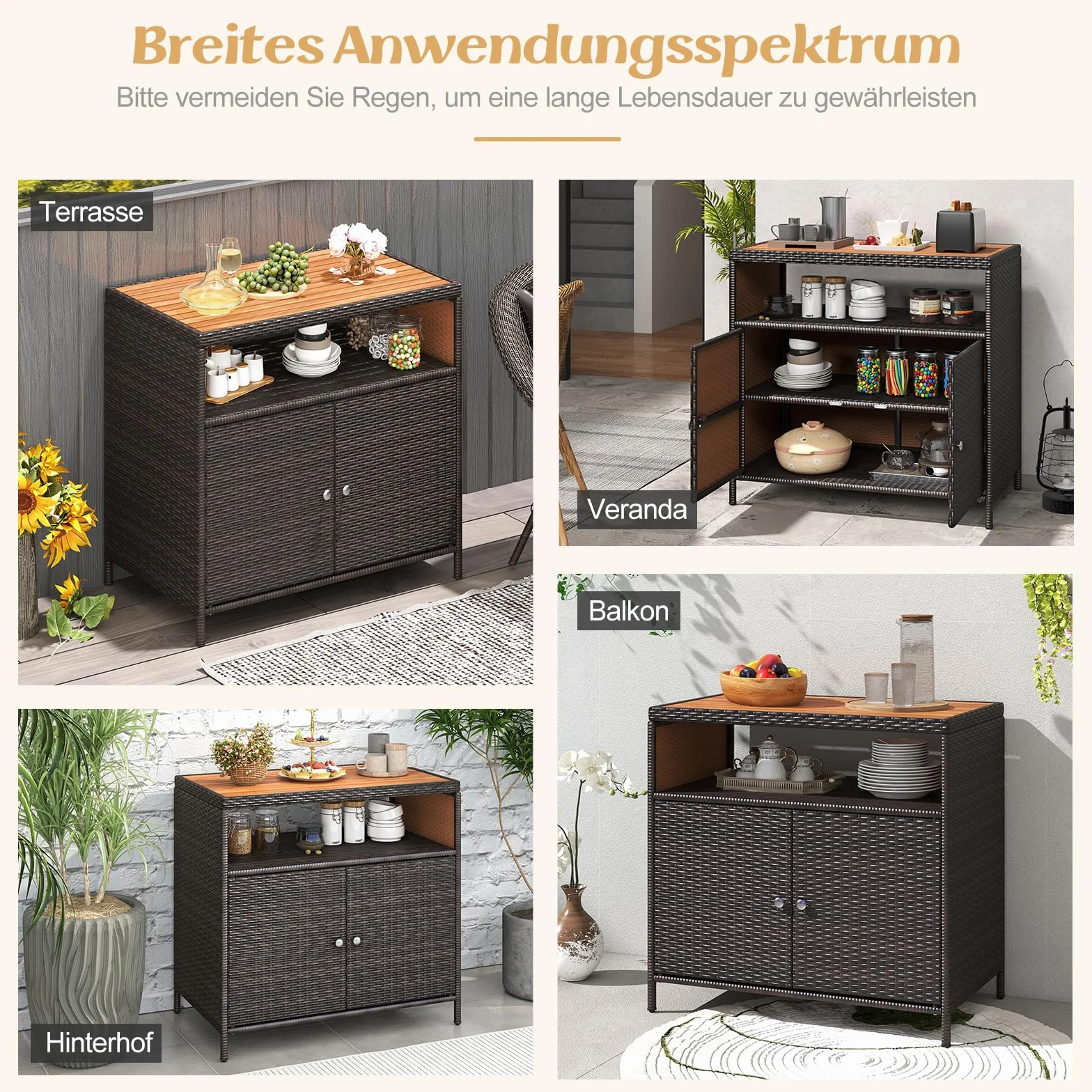 COSTWAY Szafka ogrodowa rattanowa z blatem roboczym z drewna akacjowego 90x53x86