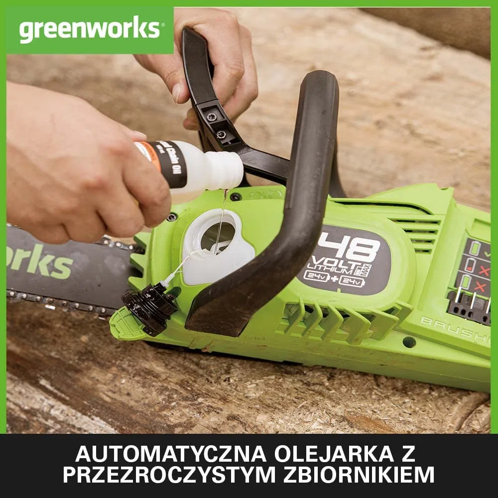 Greenworks GD24X2CS36K4X Akumulatorowa pilarka łańcuchowa z silnikiem bezszczotkowym, długość ostrza 35 cm, szybkość cięcia 20 m na s, olejarka, 2 baterie 24 V 4 Ah i podwójna ładowarka