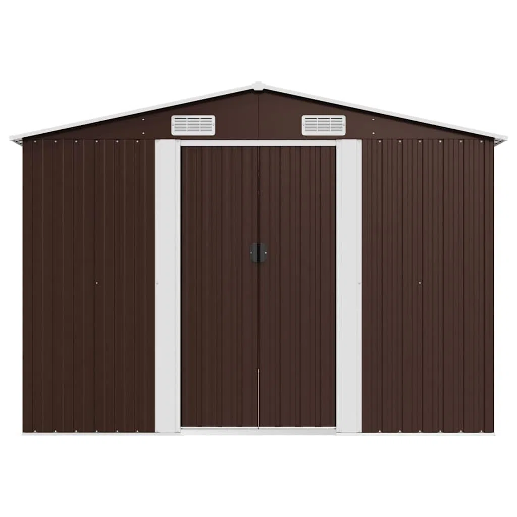 Domek na narzędzia z metalu, brązowy, 257 x 489 x 181 cm, szopa ogrodowa z podwójnymi drzwiami przesuwnymi, 4 kratkami wentylacyjnymi, stal ocynkowana, na narzędzia, rower, kosiarkę i meble w