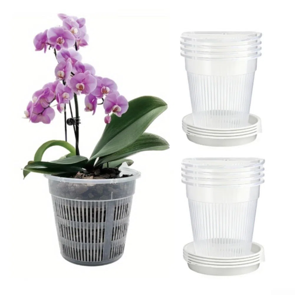 Przezroczyste plastikowe doniczki Doniczka z orchideą otworem drenażowym i tacą, opakowanie 8 sztuk, białe, 14 cm 16(16cm)