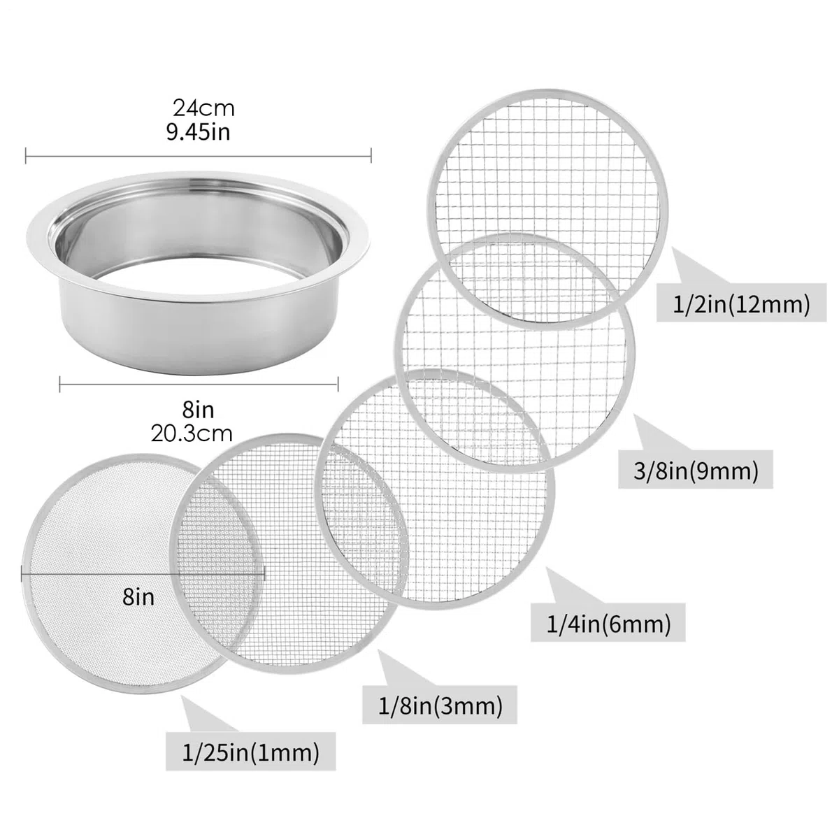 Sifter Dirt, Sifter Rock Sito gleby z piaskiem ze stali nierdzewnej, 5 | 1/3/6/9/12 mm sito doniczki ogrodowe z łopatą, miską do przesiewania w stos