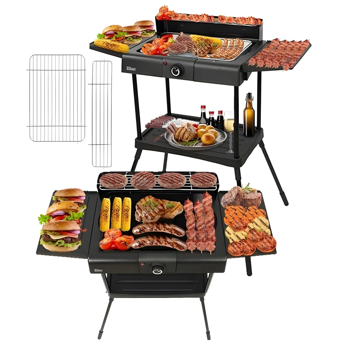 Elektryczny grill stołowy 2 w 1, 2 w 1, 2400 W, grill elektryczny, na balkon, do użytku na zewnątrz i wewnątrz, z podstawką, duża powierzchnia grillowa, bezstopniowa regulacja temperatury, elektryczny