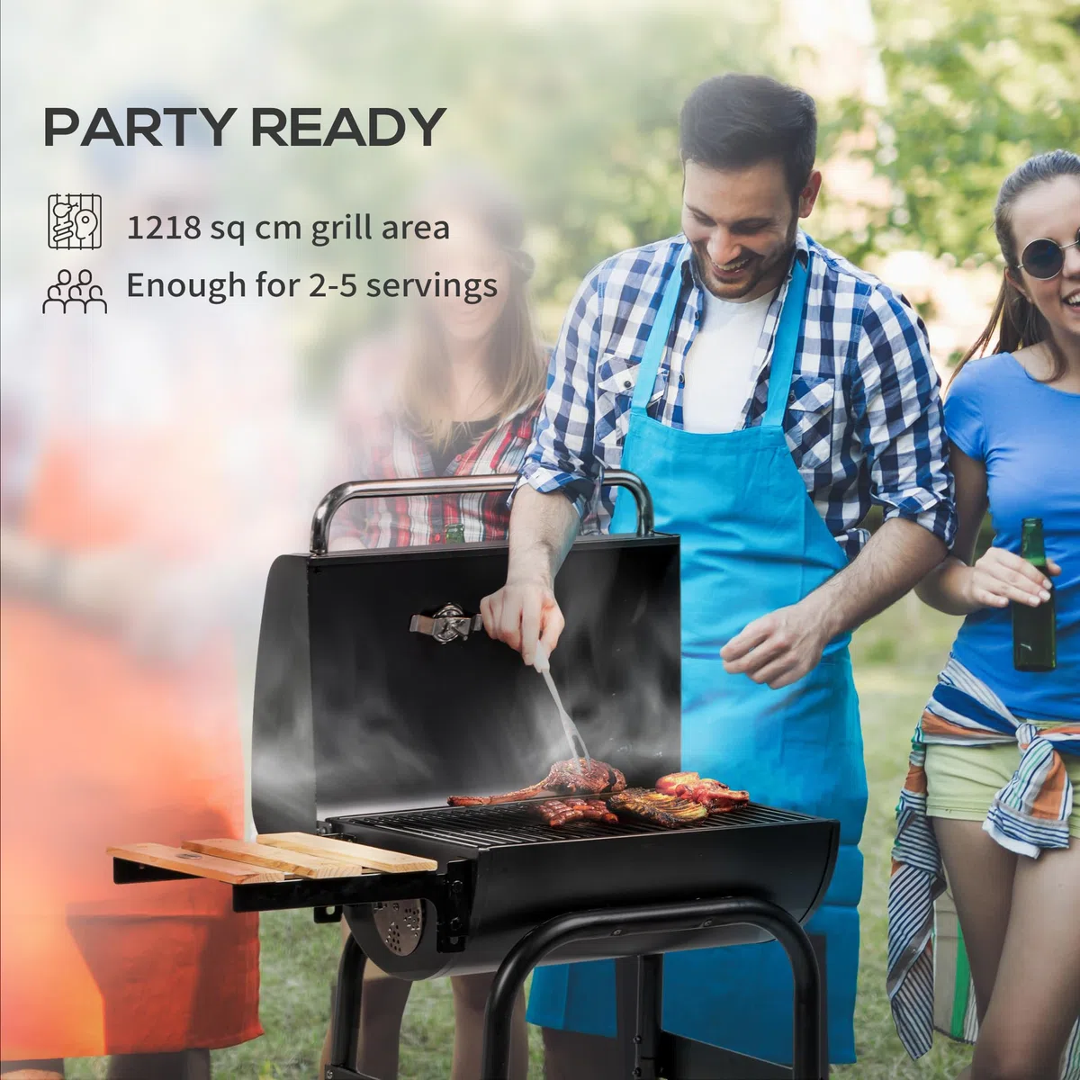 Outsunny Grill na węgiel drzewny z półkami, przenośny wózek do grillowania z kółkami, pokrywka, termometr, komin, do gotowania na świeżym powietrzu, ogrodu, na imprezę, czarny