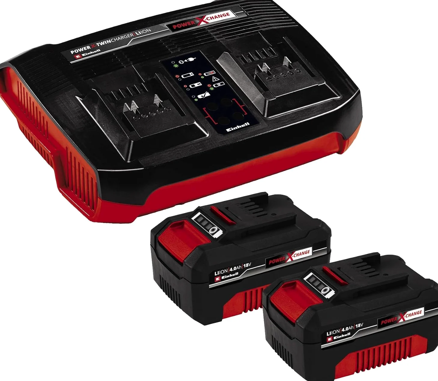 Einhell Kosiarka Akumulatorowa, Czerwony/Czarny, 36V & Einhell Pxc Zestaw Akumulator z Ładowarką, Czarny/Czerwony, ‎22.1 x 18.5 x 7.7 cm