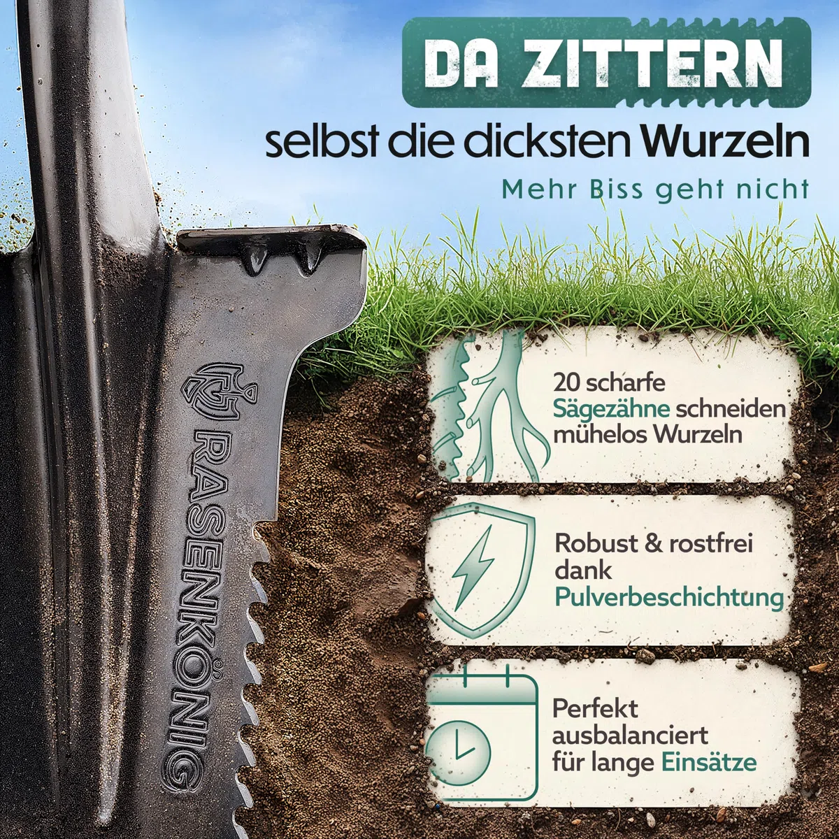 łopata Pro z piłą korzeniową, zwycięzca testu, łopata do marchwi do ogrodnictwa, z 20 zębami piły, ergonomicznym uchwytem i szerokim krawędzią kroczącą, stabilna łopata ogrodowa dla