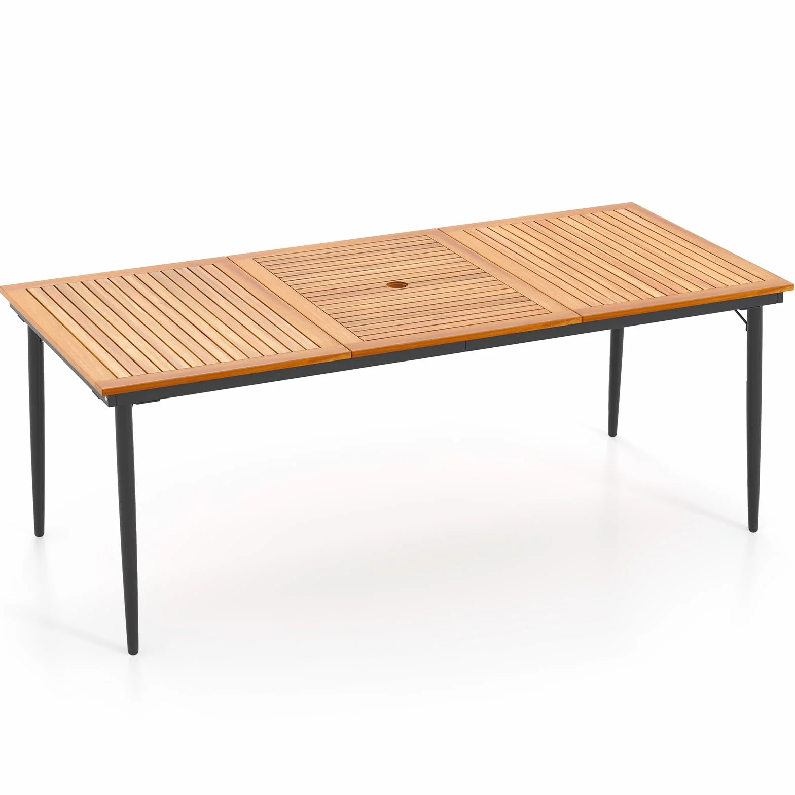 GIANTEX Stół ogrodowy z otworem na parasol Ø 5 cm, prostokątny stół zewnętrzny z drewna akacjowego dla 8 osób, metalowe nóżki, na taras, patio, 200 x 90 x 75 cm