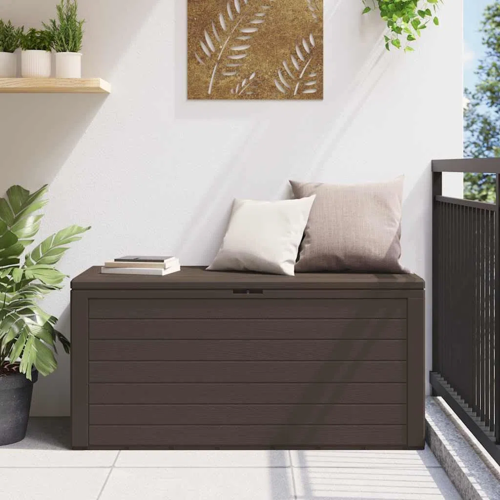 Skrzynia ogrodowa, brązowa, polipropylen, 116 x 44 x 55 cm, skrzynia z funkcją siedzenia i zamykaną pokrywą, na balkon, taras, odporna na warunki atmosferyczne i zajmuje mało miejsca