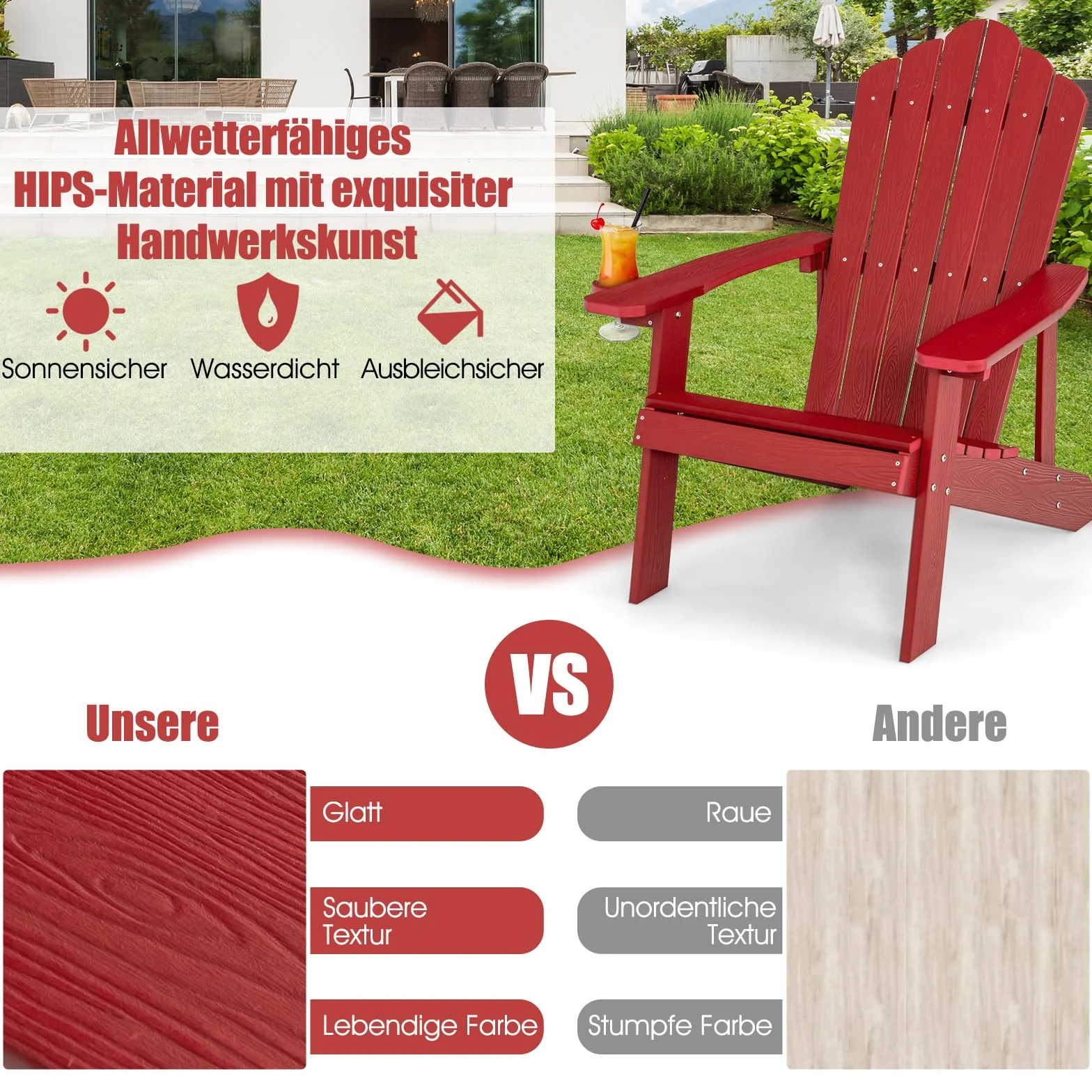 COSTWAY Adirondack krzesło z uchwytem na napoje, odporne na warunki atmosferyczne, krzesło ogrodowe z tworzywa sztucznego, krzesło outdoorowe do ogrodu, na taras, nośność 170 kg (czerwone)