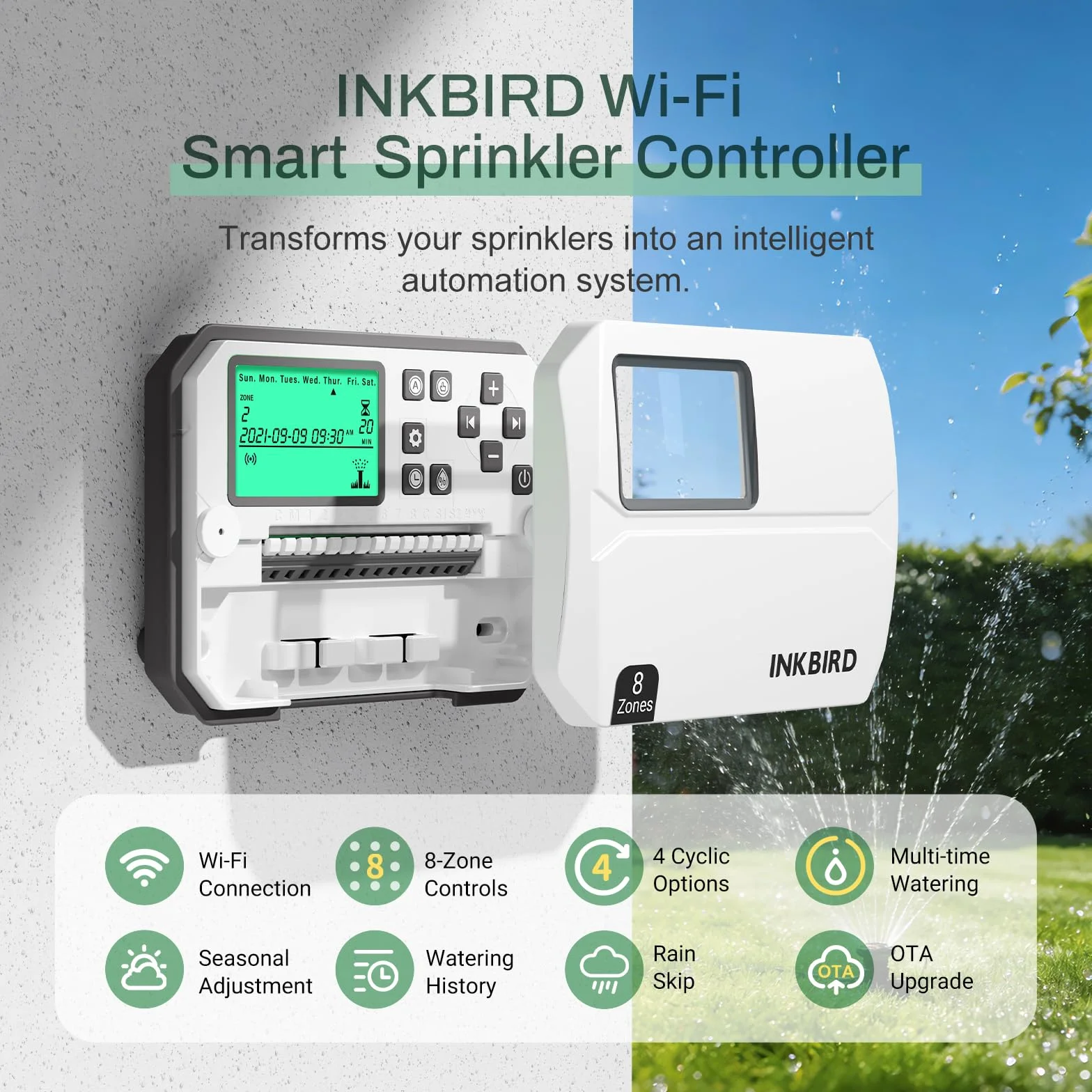 Inkbird IIC-800-WIFI 8-strefowy komputer nawadniający, system nawadniania, sezonowe dostosowanie, z osłoną odporną na warunki atmosferyczne, omijanie deszczu