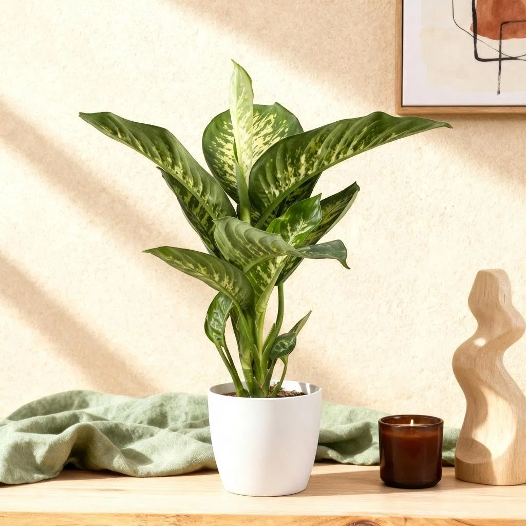 Dieffenbachia Tropic Snow roślina pokojowa z białą doniczką, Ø 21 cm, wysokość 90-100 cm, łatwa w pielęgnacji, duża zielona roślina z biało-zielonymi liśćmi, do salonu, biura, sypialni