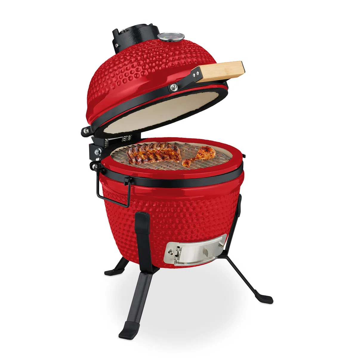 Relaxdays Kamado Grill, Ø 26 cm, japoński grill ceramiczny z termometrem 450°C, grill, wędzarnia, pokrywa, czerwony