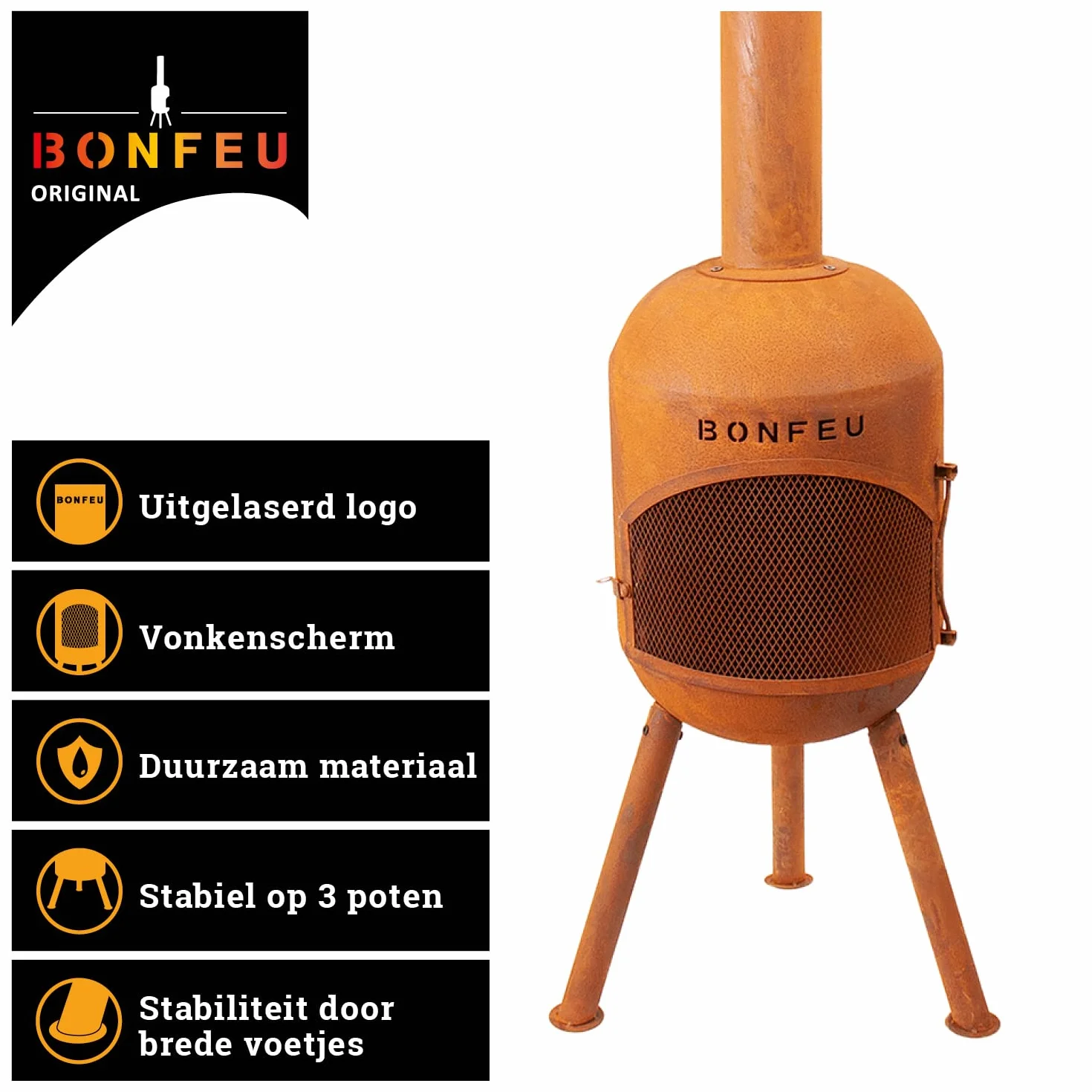 BonFeu Kratka BonSolo - piec tarasowy - kominek z ochroną przed iskrami na relaksujące wieczory - kolumna ogniskowa na zewnątrz - kominek tarasowy z rusztem do grillowania - 34 x 34 x 124 cm