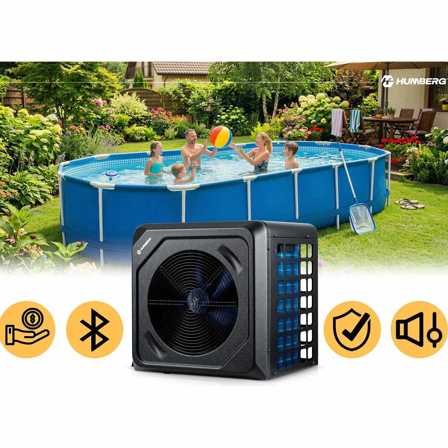 Humberg Pompa Ciepła do Basenu 5 kw - do 30 000 l - Energooszczędna - Cicha Praca 48 dB - Sterowanie za Pomocą Wi-Fi - Wyświetlacz LCD - Wydajność COP 5,17 - do Basenów Ogrodowych do 8-20 m³