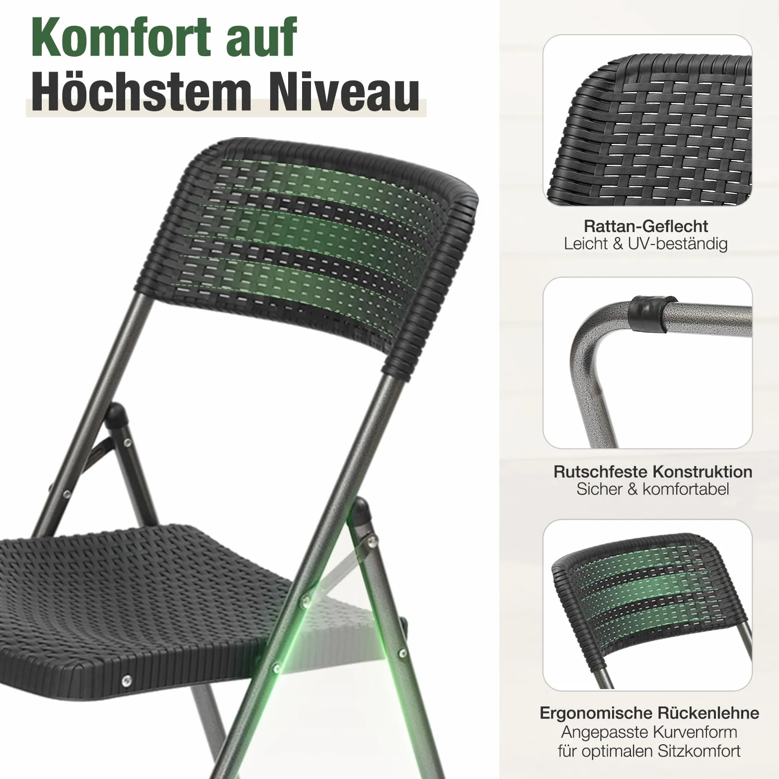 Sekey rattanowe krzesło ogrodowe, składane, 6 sztuk, 200 kg, 46 x 53 x 84 cm, wodoszczelne, na balkon, do ogrodu, zestaw krzeseł ogrodowych, czarne