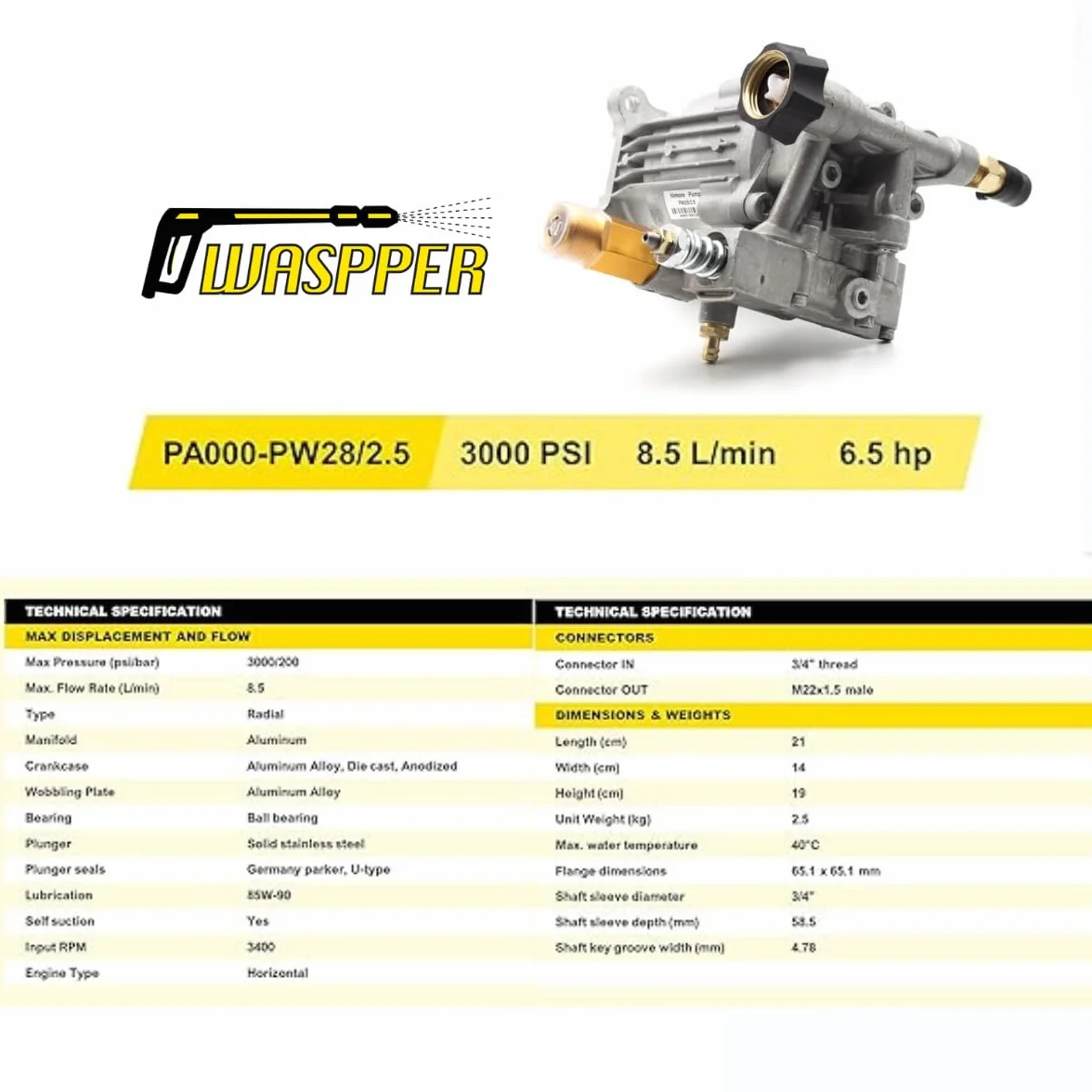 Pompa zastępcza myjki ciśnieniowej 3000 PSI 200 bar 6,5 KM Aluminiowa głowica PA000-PW28/2,5