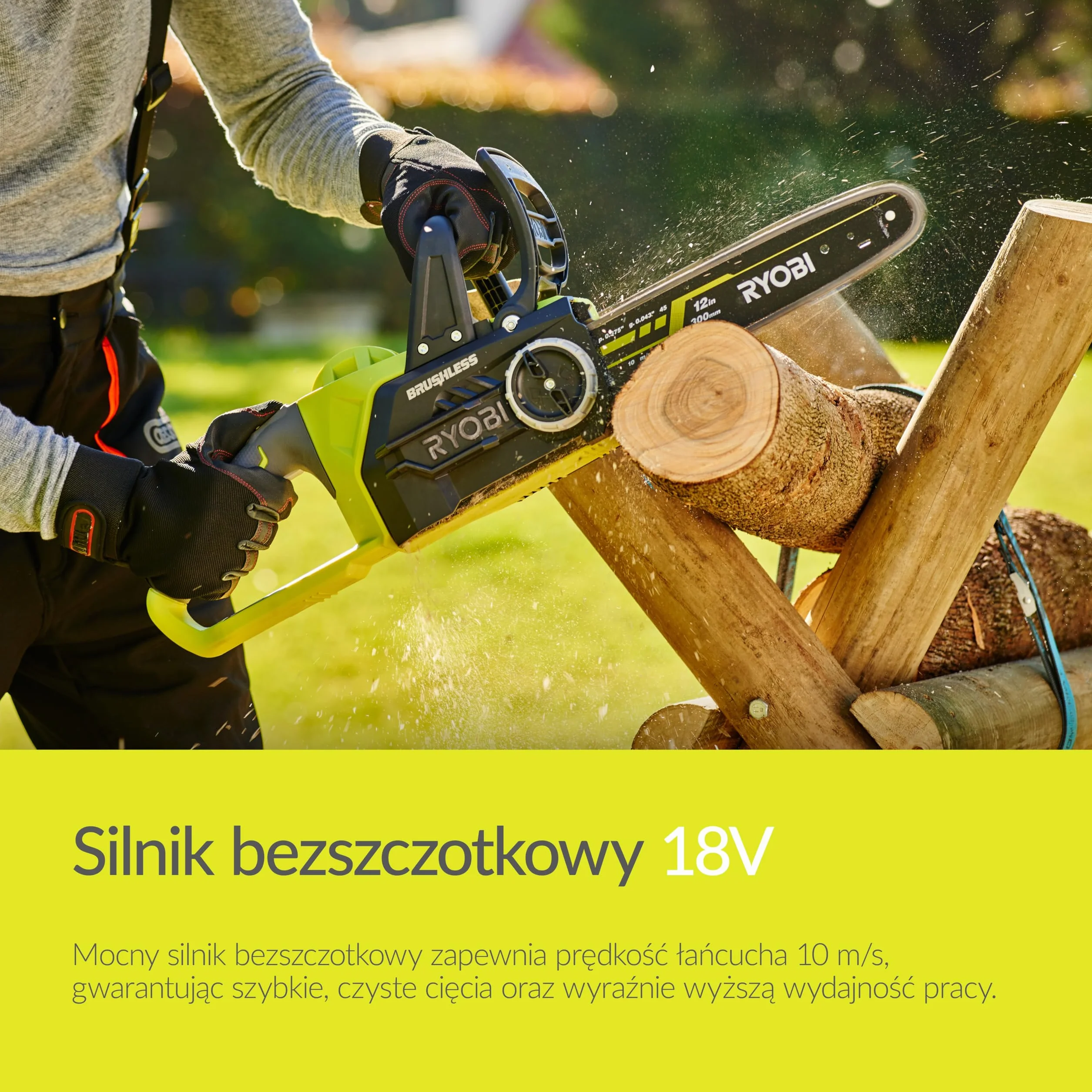 Ryobi Pilarka Łańcuchowa 18 V, OCS1830, Silnik Bezszczotkowy, Długość Prowadnicy 30 cm, Prędkość Przesuwu Łańcucha 10 m/s, Prowadnica oraz Łańcuch Marki Oregon, Automatyczne Smarowanie