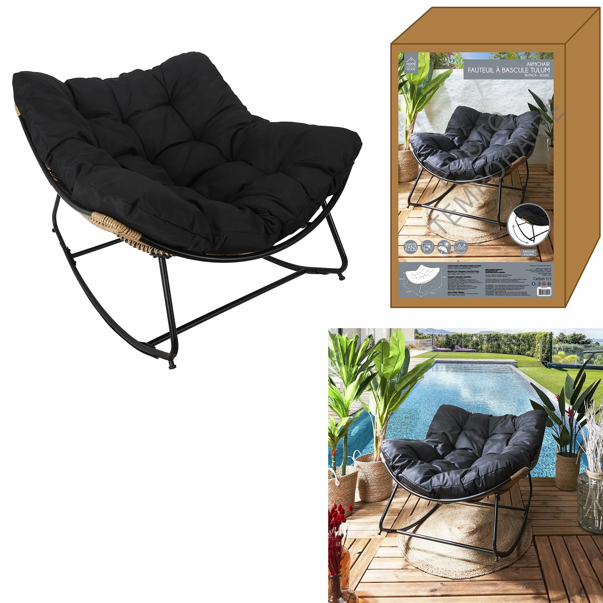 Fotel bujany ogrodowy żelazo efekt rattanu UV czarny HOME DECO FACTORY