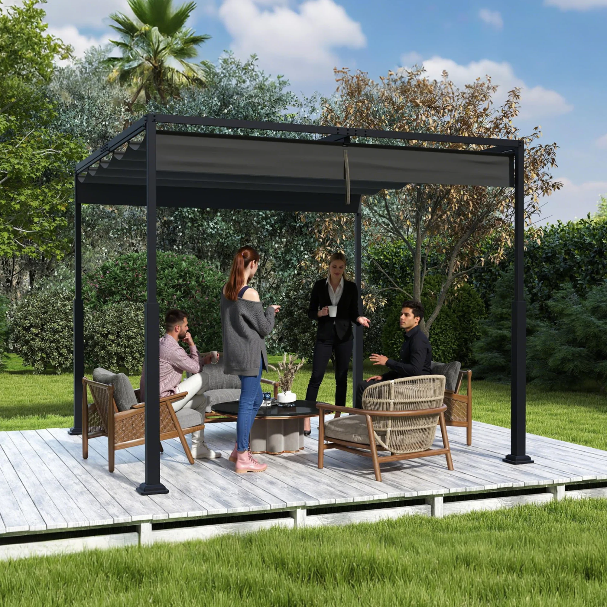 ACXIN Pergola z przesuwnym dachem, zadaszenie tarasu ze stalowej ramy, wodoodporny poliester powlekany PA 160 g, wolnostojący pawilon ogrodowy z regulowaną ochroną przed słońcem (czarna, 3 x 3 m)