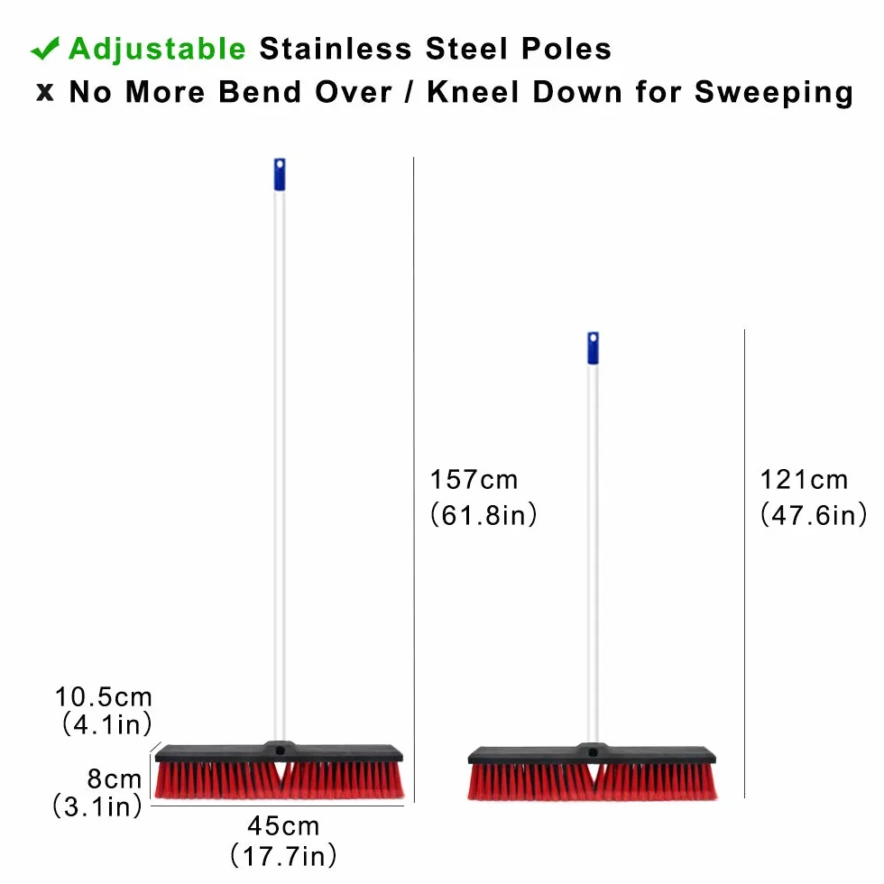 Stainless Steel Push Broom 17.7 in Wide Rough Surface Floor Scrub Brush Indoor Outdoor