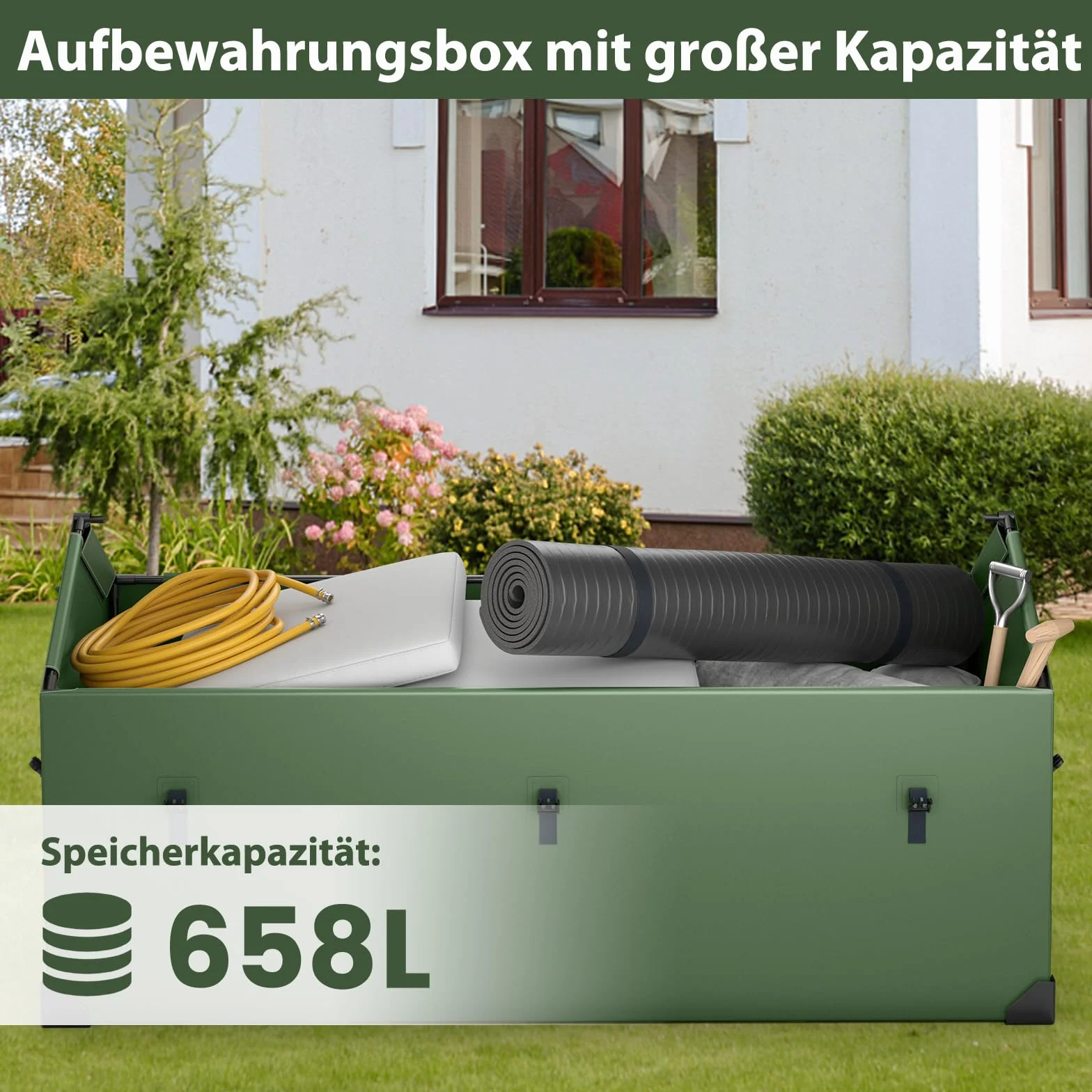 COSTWAY Skrzynka ogrodowa, 658 l, odporna na warunki atmosferyczne, z powierzchnią PCW i metalowym stelażem, w zestawie torba do przenoszenia, pudełko do przechowywania na zewnątrz, do basenu, ogrodu,