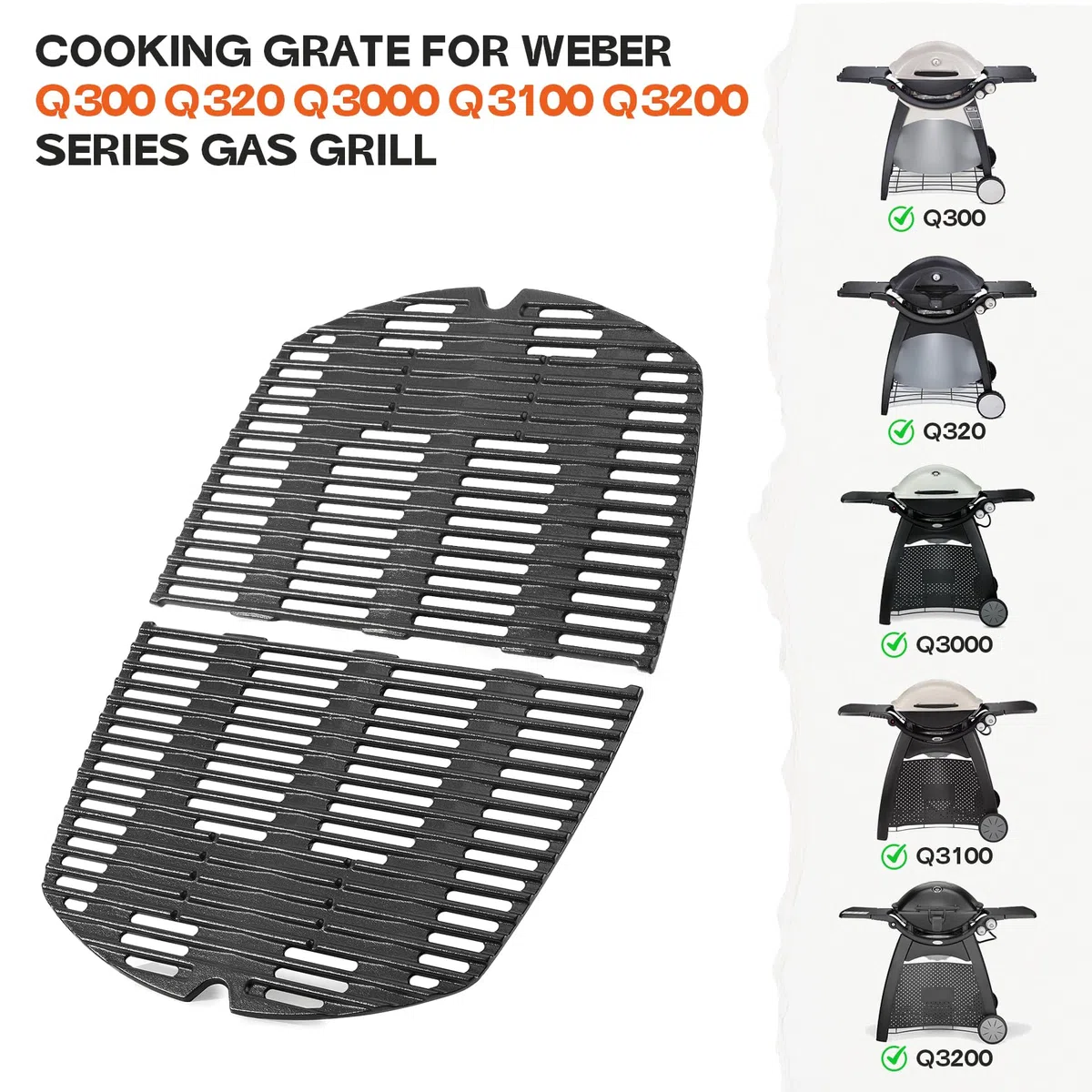 Onlyfire żeliwny ruszt do grilla Weber Q300, Q320, Q3000, Q3100, Q3200 seria Grill gazowy, zamiennik do Weber 7646-zestaw 2 sztuk