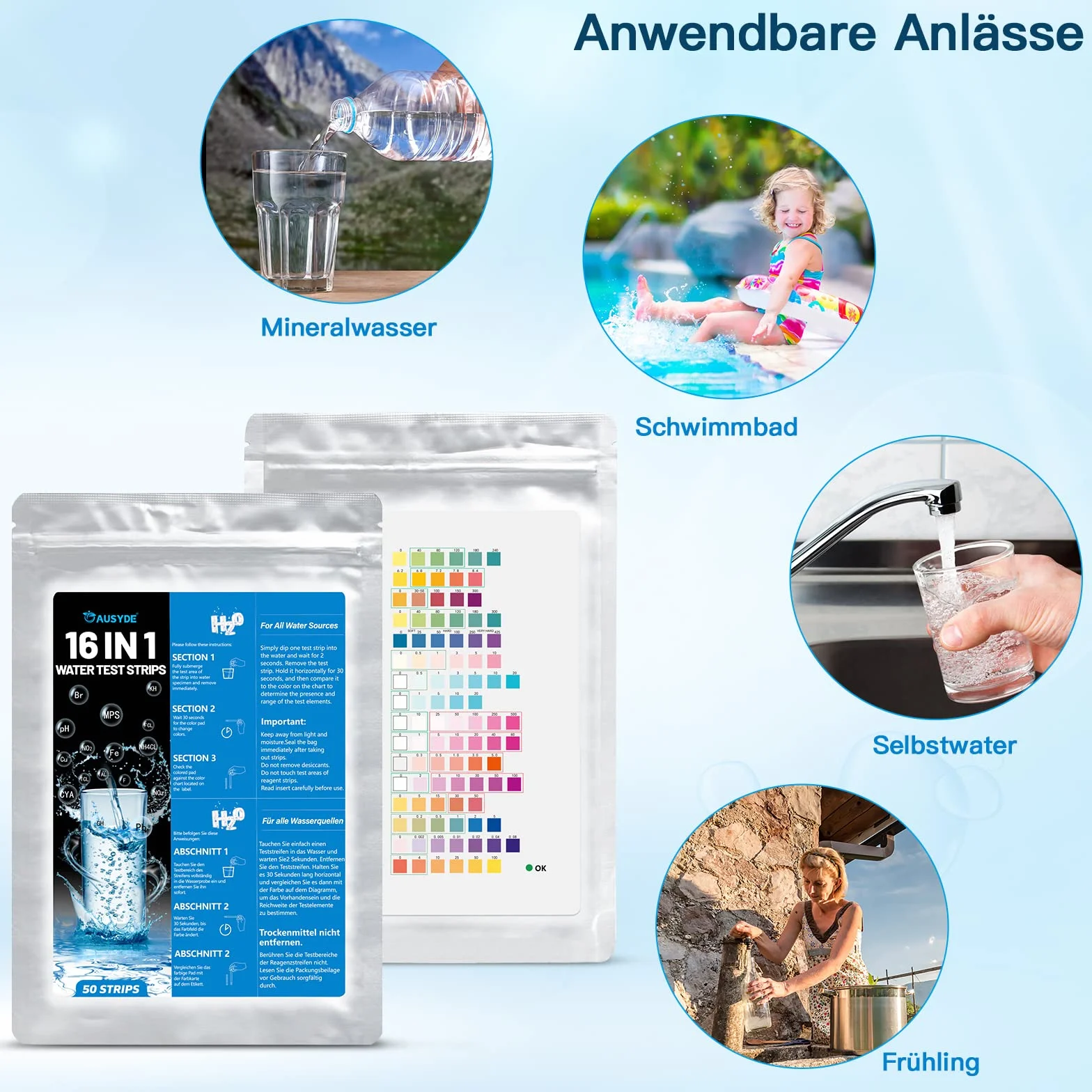 Tester wody pitnej 16 w 1, 50 sztuk, do pomiaru całkowitej twardości wody pitnej, oraz sprawdzania obecności chloru, żelaza, miedzi, ołowiu, azotanów i wielu innych