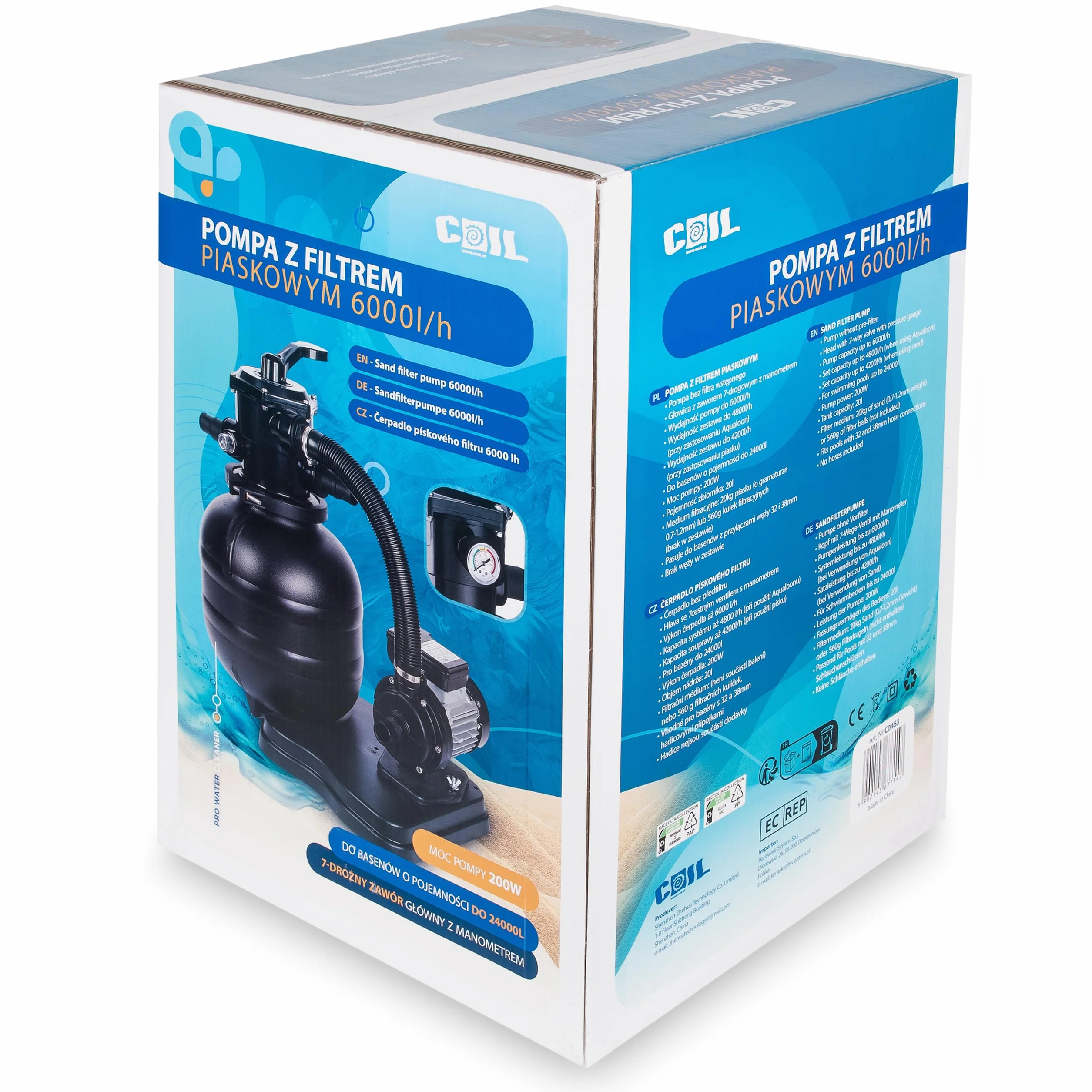 COIL Pompa z filtrem piaskowym, filtr piaskowy z pompą basenową, pompa basenowa, pompa samozasysająca, zawór 7-drożny z manometrem, przyłącze Ø 32/38 mm, maks. ciśnienie robocze 1,5 bar
