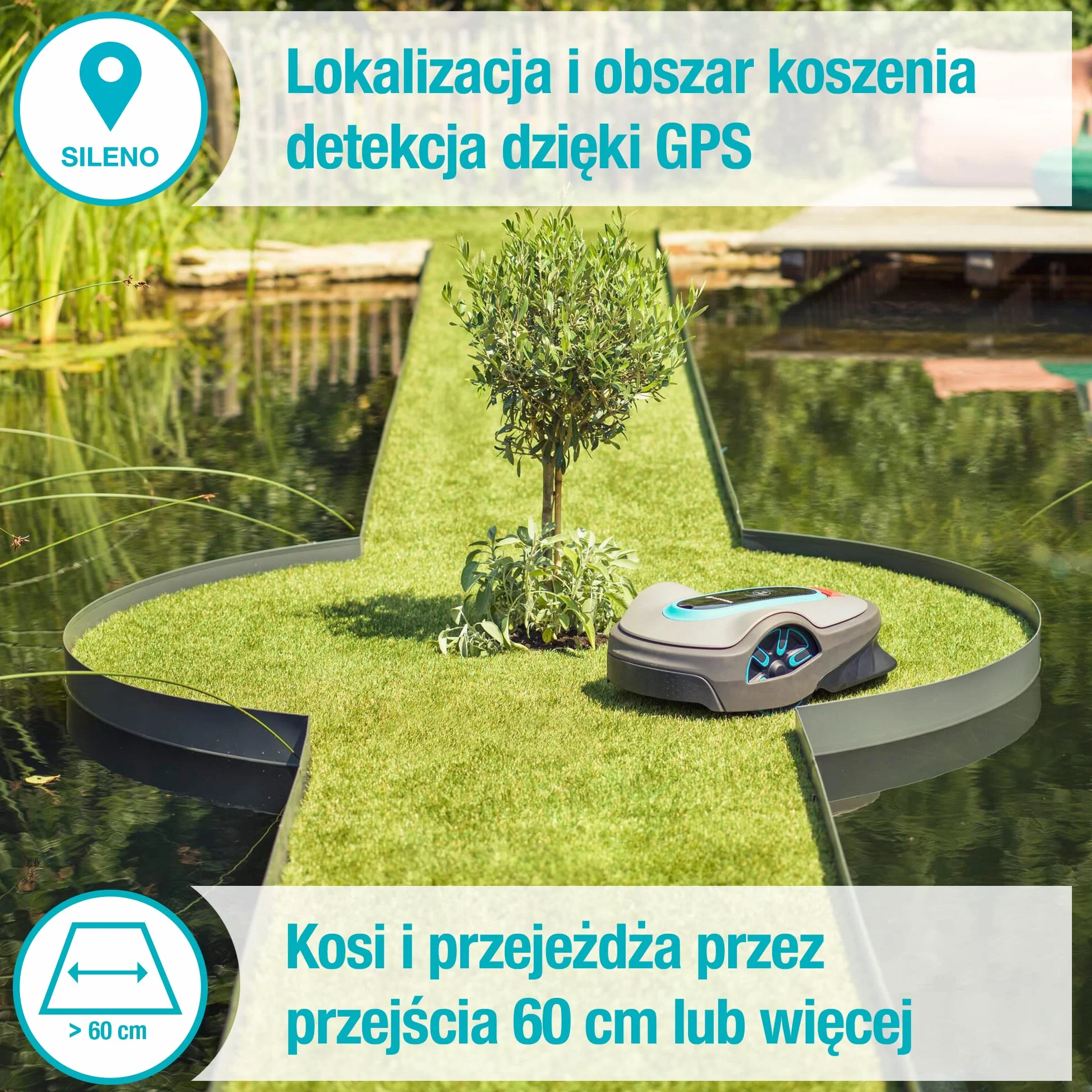 Gardena robot koszący smart SILENO life 750 m² zestaw: Nowa technologia LONA AI, sterowanie aplikacją, SensorControl, dla wzniesień do 35 procent, w tym inteligentna bramka, wersja PL (19701-72)