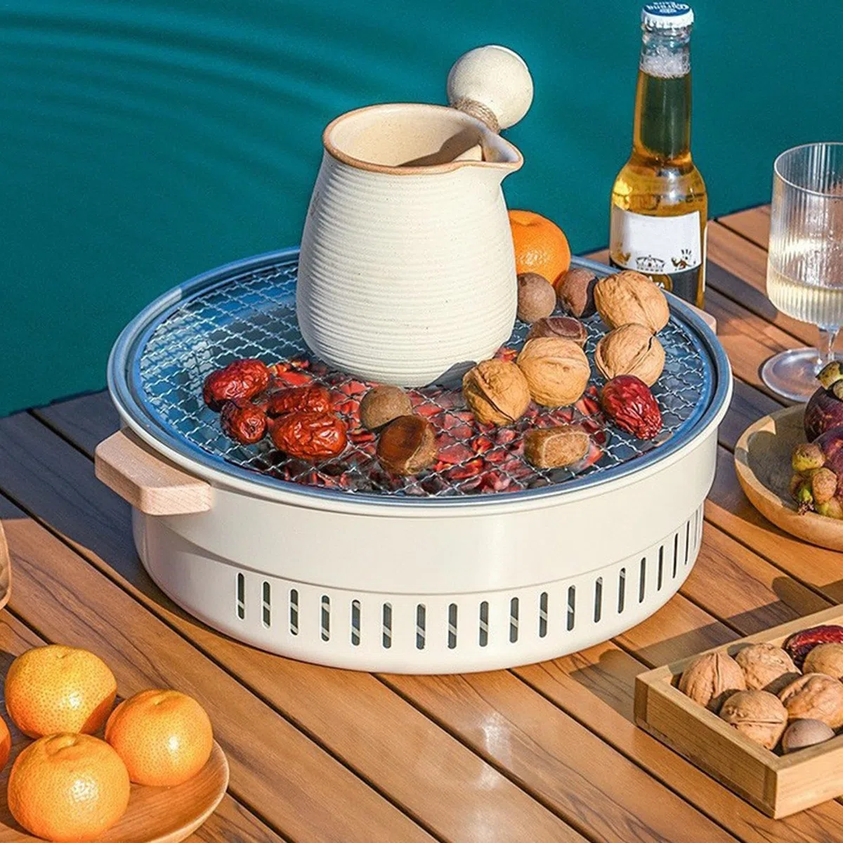 Przenośny 31.8 cm Chal koreański grill do użytku na zewnątrz i wewnątrz idealny do rodzinnych spotkań, grillowania mięsa i produktów do czyszczenia
