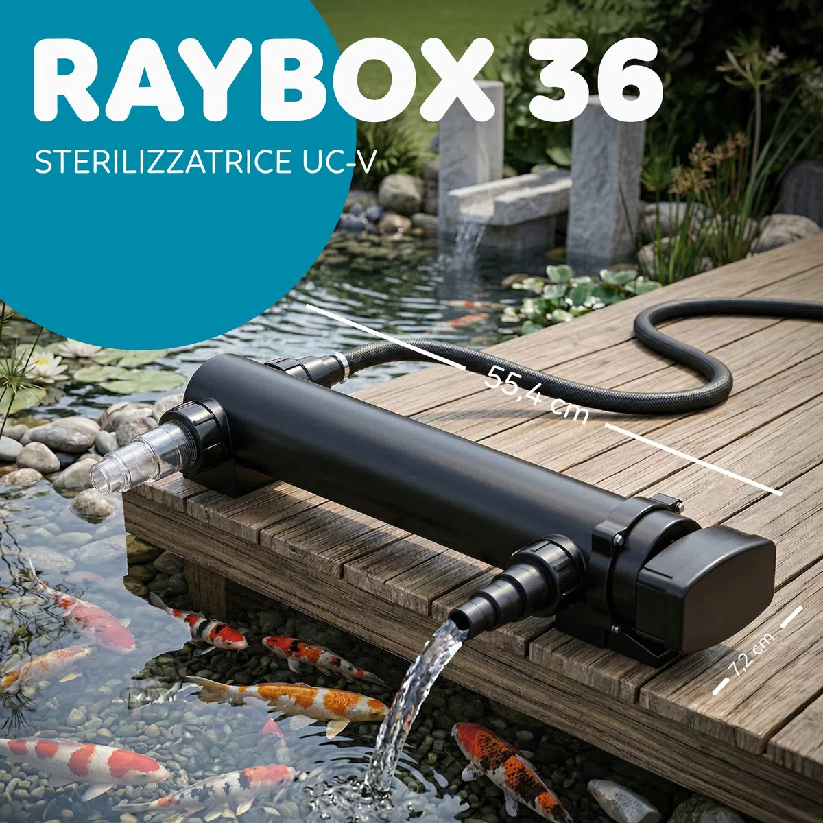 AQPOND sterylizator UV do stawu - oczyszczacz UV-C do kontroli glonów i wody zielonej - system sterylizacji do stawów, stawów i fontann ogrodowych, 7000 lt/h, 36 W