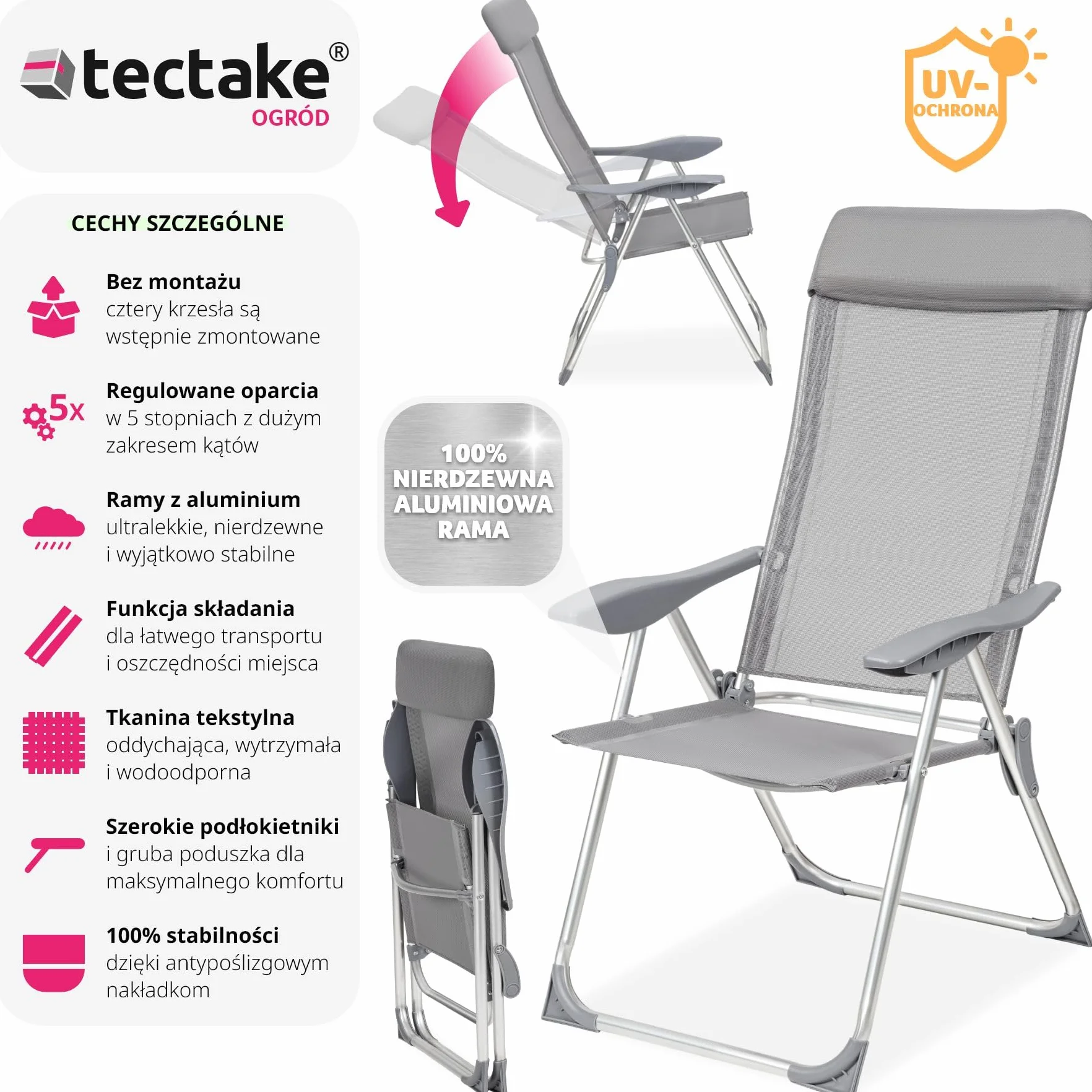 tectake® Zestaw 4 Foteli Ogrodowych, Składane z Aluminiowym Stealżem, Regulowane Oparcie, Wzmocnione Nogi, Łatwe w Czyszczeniu, Lekki - Idealny na Taras i Balkon