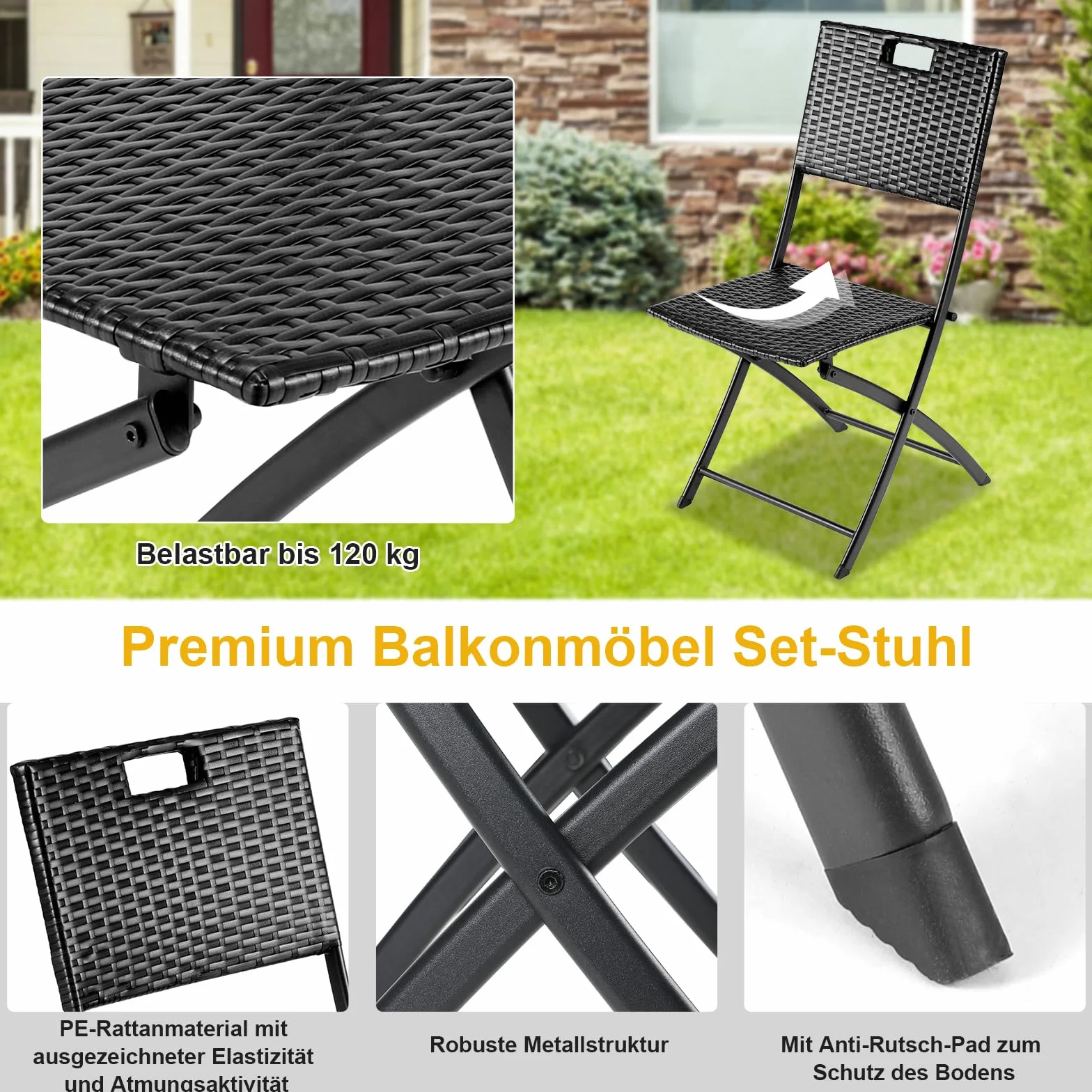 LIFERUN Zestaw mebli balkonowych Bistro 3-częściowy składany stół z 2 krzesłami czarny