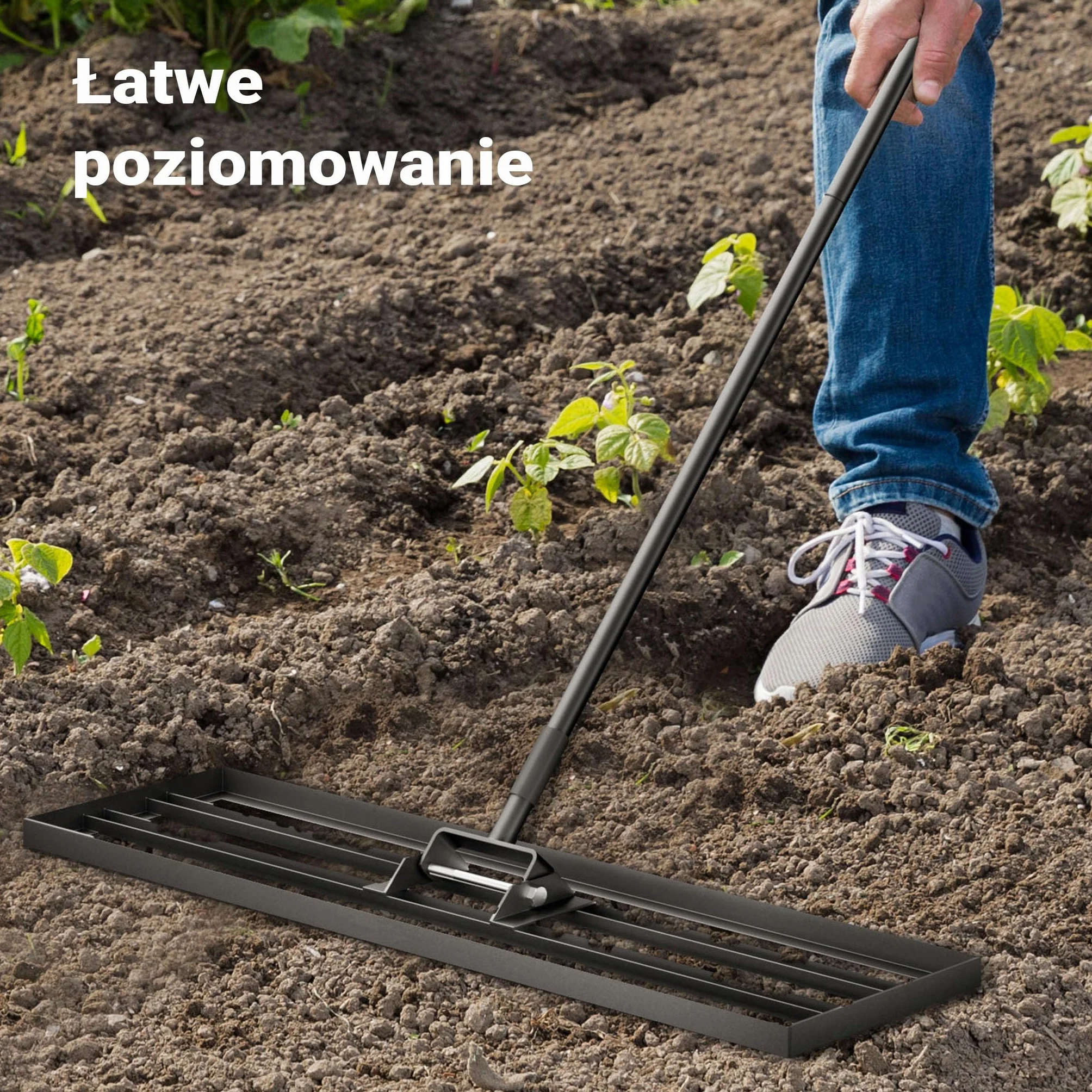 Wiltec Niwelator ręczny 25,4cm x 121,9cm aluminiowy z regulowanym kijem 2m, grabie do trawnika