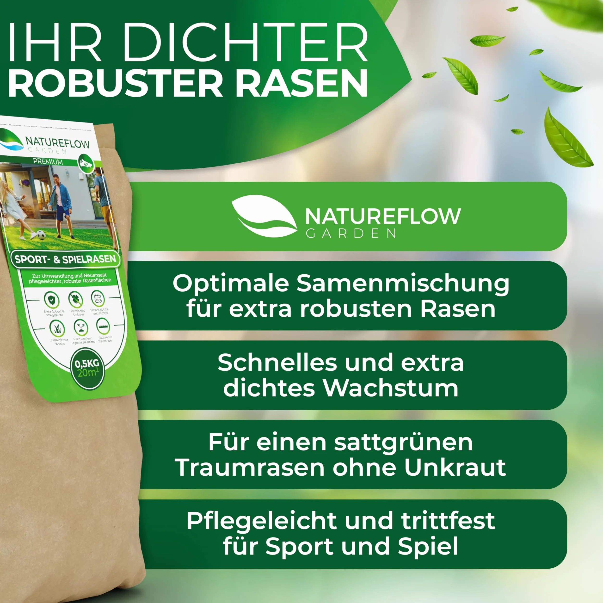 Rasensamen Sport und Spielrasen 0,5kg extra robust - Schnell wachsender Nachsaat Rasen - Rasensaat Spiel- und Sportrasen Made in Germany - Premium Grassamen schnellkeimend - Rasensamen schnellkeimend