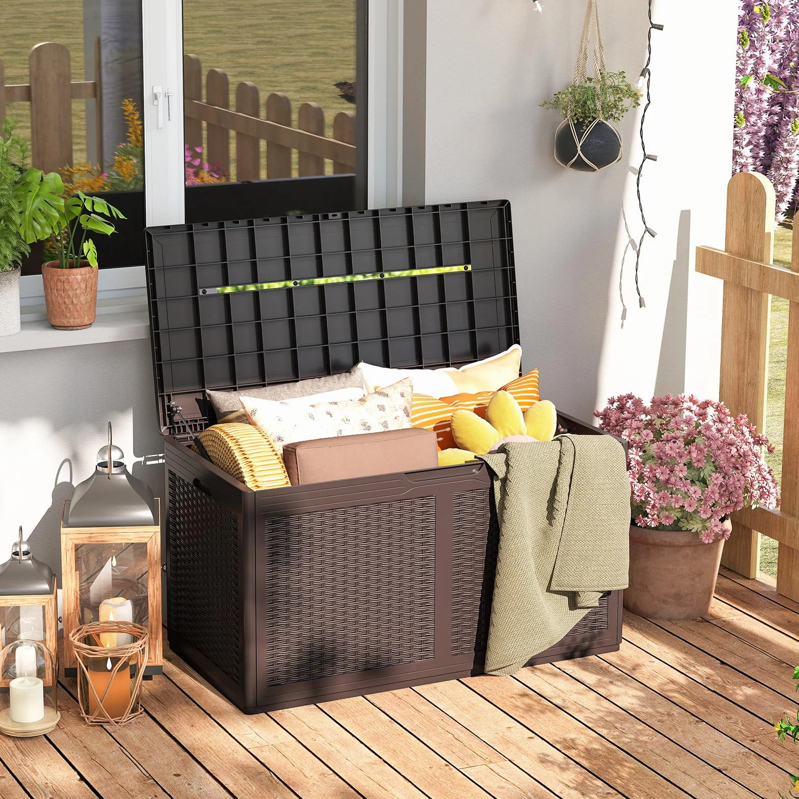 GIANTEX Skrzynia do przechowywania 380 l wodoodporna imitacja rattanu 111x56x61 cm brązowa
