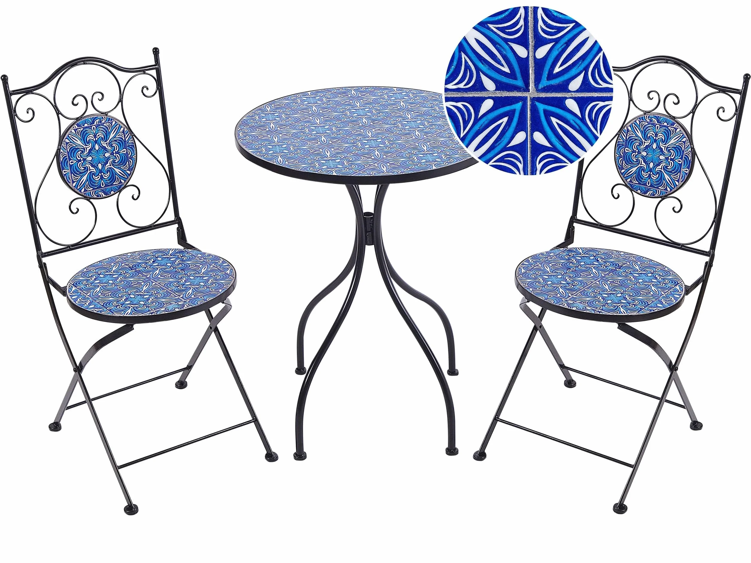 Metalowy zestaw mebli balkonowych ogrodowych niebieska mozaika ceramiczna styl vintage czarny Cigilano
