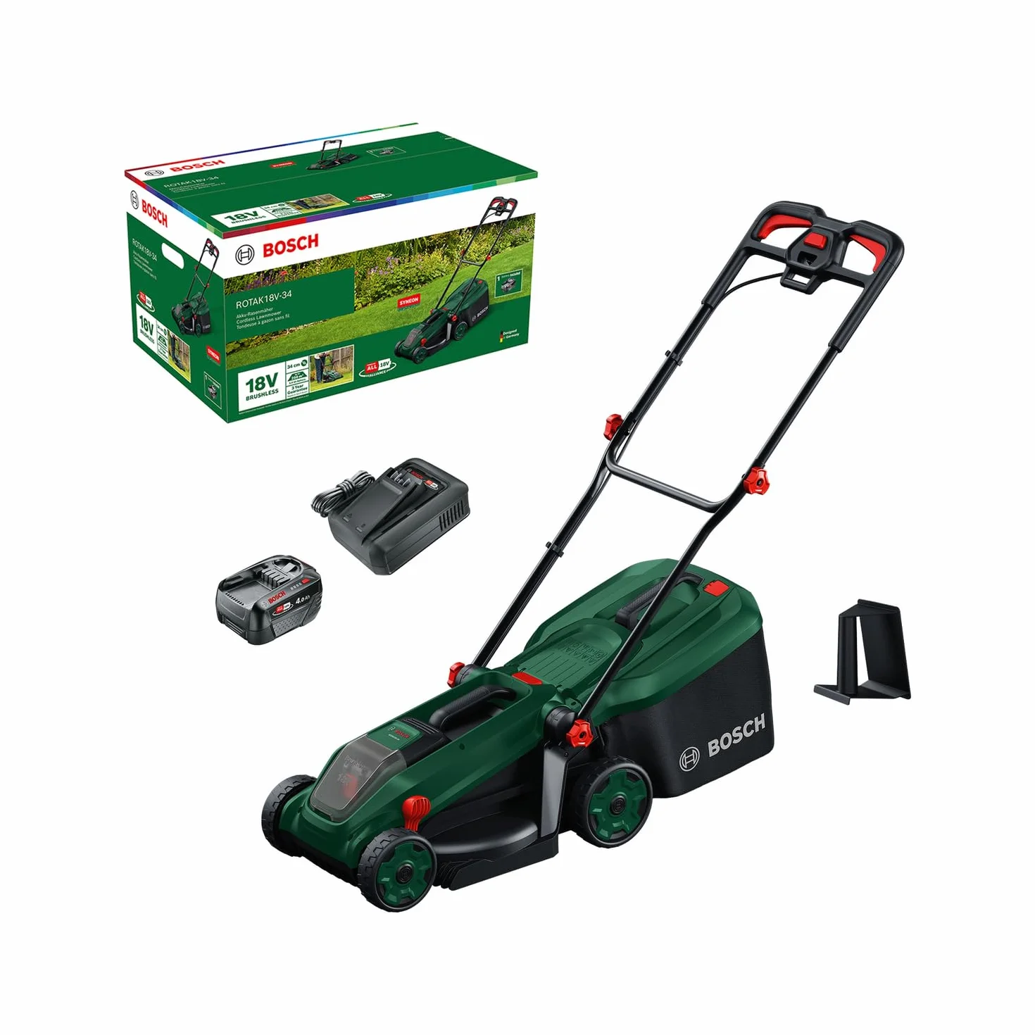 Bosch Kosiarka akumulatorowa ROTAK18V-34 (szerokość cięcia: 34 cm, wysokość cięcia: 25 – 65 mm, materiałowy worek na trawę 35 l, przystawka do mulczowania, akumulator i ładowarka)