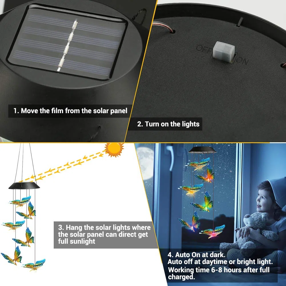 Qedertek Dekoracja wielkanocna, dzwonki wietrzne, motyl LED, słoneczna lampa ogrodowa, wisząca lampa do ogrodu, na drzewo, taras, podwórze, trawnik, podwórko, ścieżki