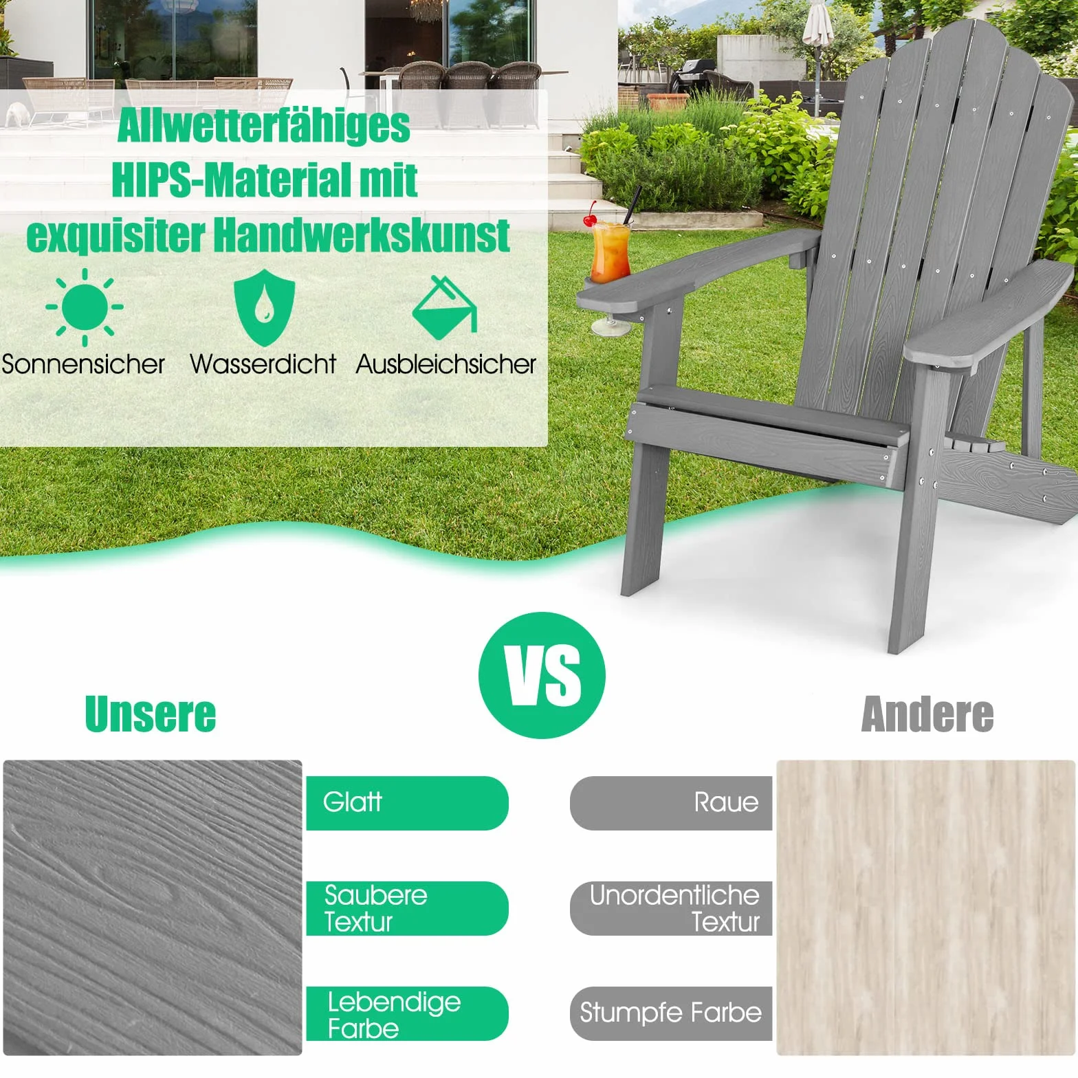 COSTWAY NP10983DE Adirondack krzesło z uchwytem na napoje, odporne na warunki atmosferyczne, fotel ogrodowy z tworzywa sztucznego, krzesło outdoorowe do ogrodu, na taras, nośność 170 kg (jasnoszare), 85 x 77 x 94 cm
