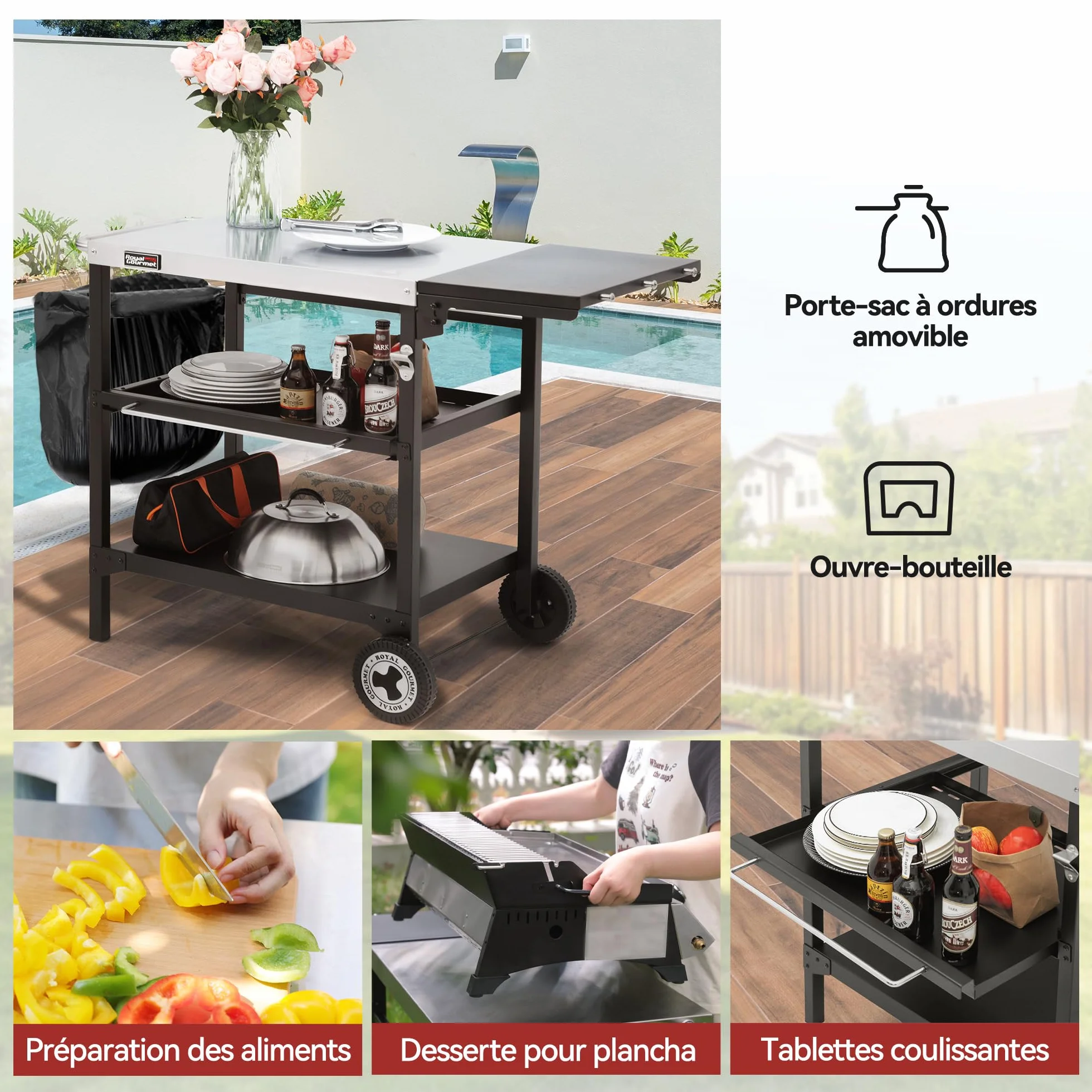 Royal Gourmet Deser zewnętrzny na planchę, 3 półki, wózek grillowy z blatem ze stali nierdzewnej 70 x 50 cm i składanym stołem bocznym o wymiarach 30 x 50 cm, odpowiedni do kuchni i ogrodu