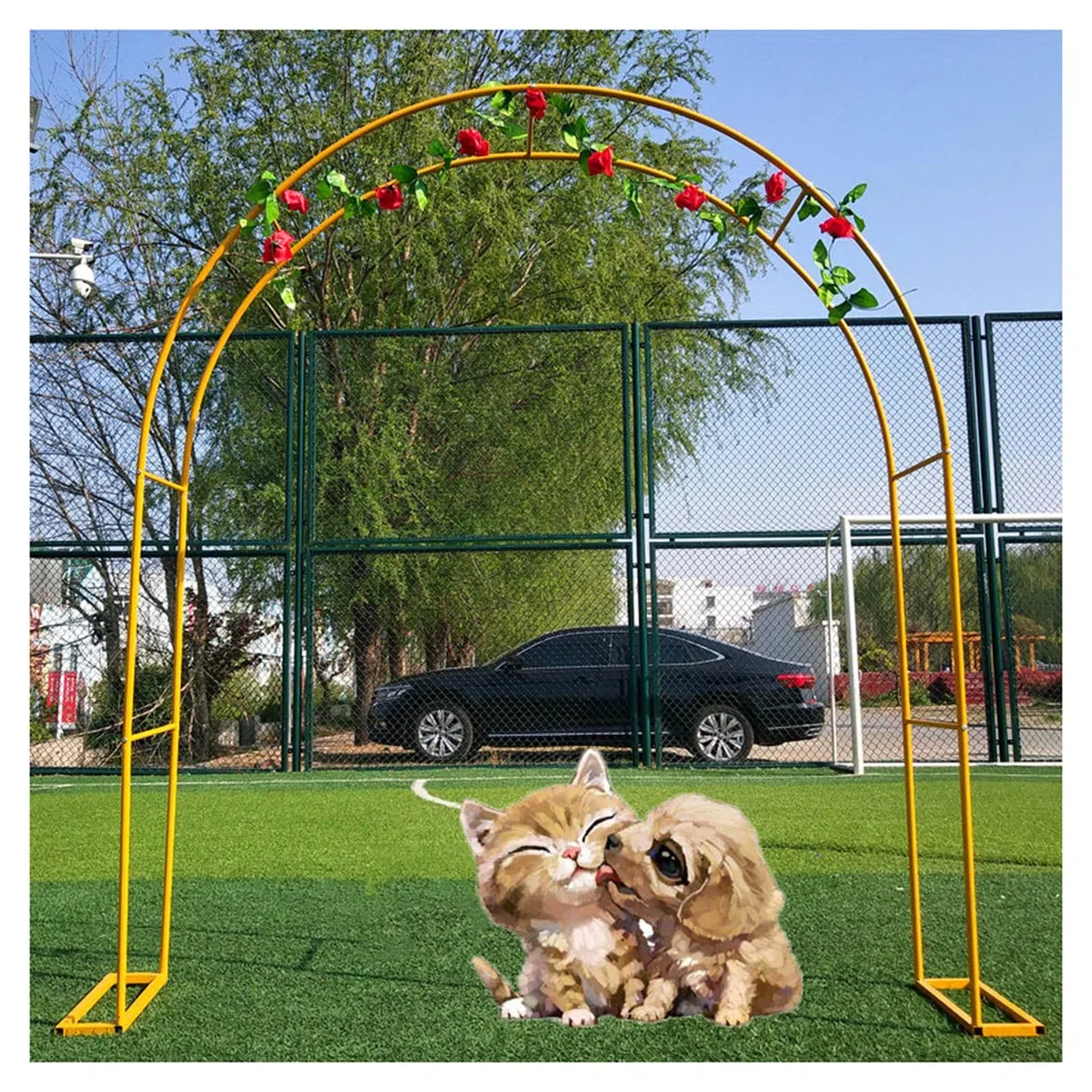 Metalowa altana pergola z łukiem róży do roślin pnących, odporna na warunki atmosferyczne, łuk ogrodowy na wesele, dekoracje weselne, szeroka altana, do różnych roślin pnących