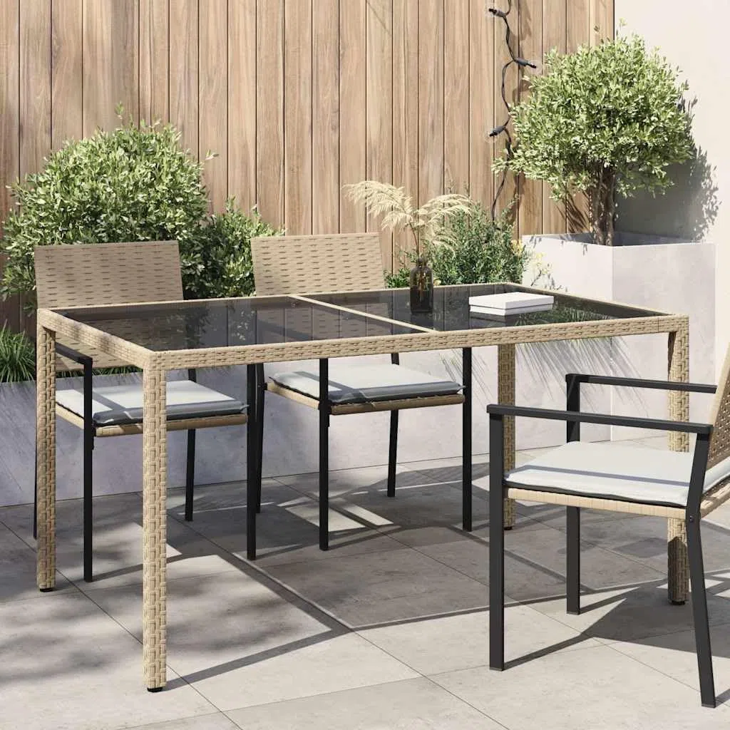 Stół ogrodowy z polirattanu z hartowanego szkła, 150 x 90 x 75 cm, malowana proszkowo rama stalowa, beżowo-czarna, na taras, balkon, do użytku na zewnątrz, łatwy w pielęgnacji i odporny na