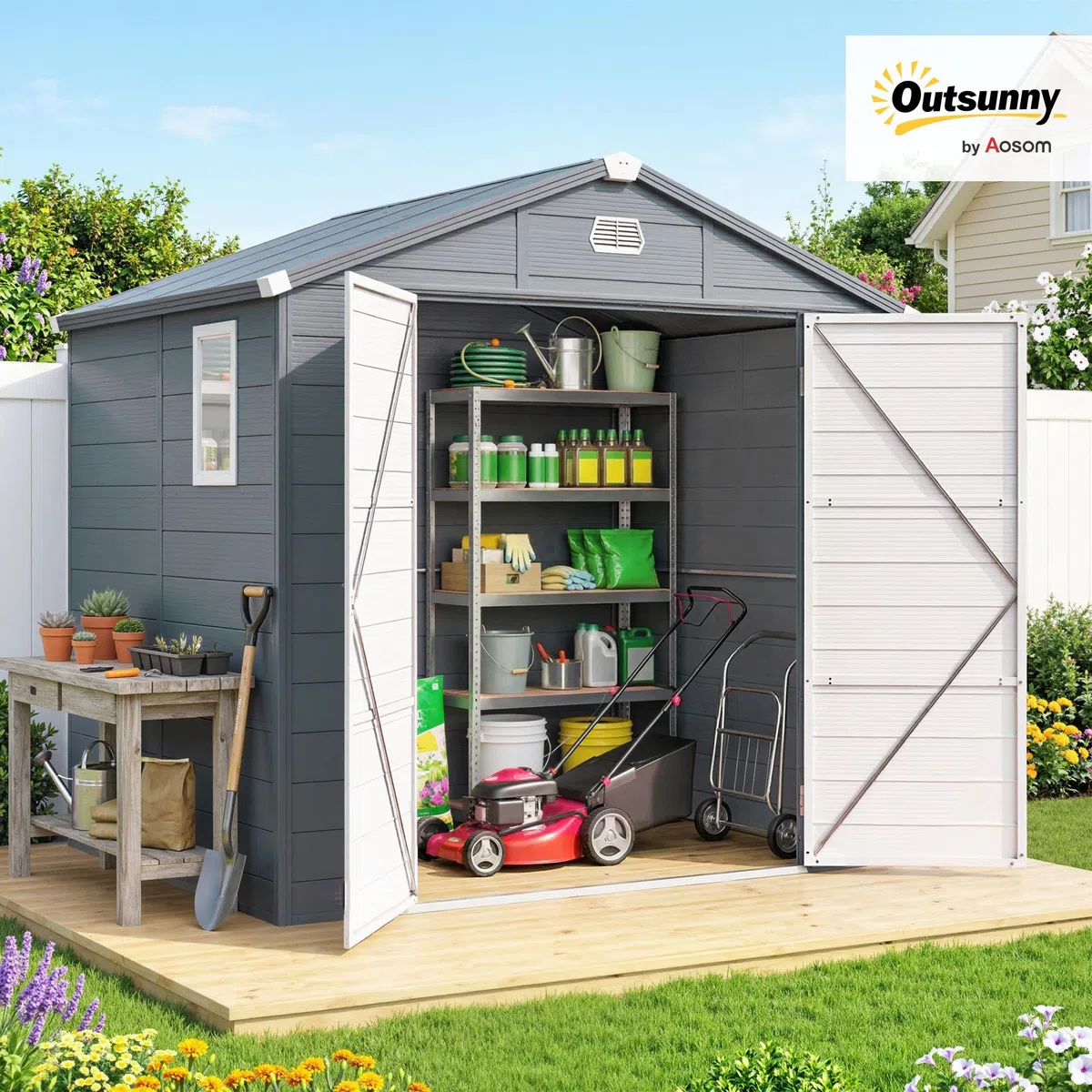 Outsunny Gerätehaus 4,1 m³, Gartenhaus mit Pultdach, 240 x 190 x 180/228 cm, Schütschuppen mit Abschließbar Tür, Fenster, Fahrradgark aus Aluminium, für Hinterhof, Garten, Grau