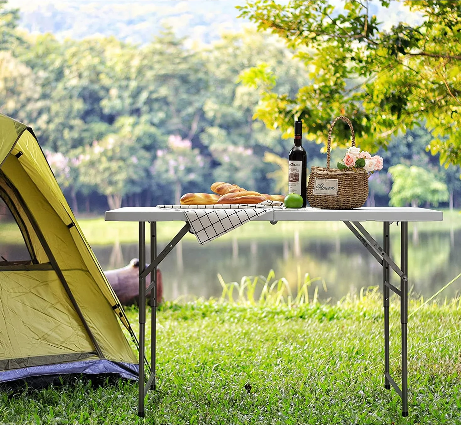 HollyHOME składany stół kempingowy 122 cm, stół piknikowy o regulowanej wysokości, z uchwytem ogrodowym do grilla, cateringu, kuchni, na imprezę, na zewnątrz, wewnątrz