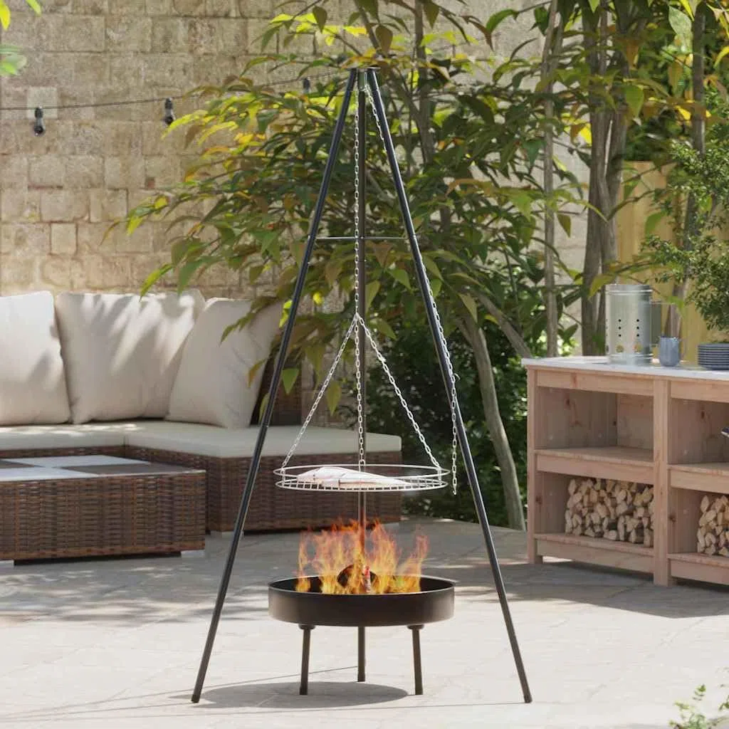 Statyw do ogniska, zestaw 3 sztuk, czarny, ze stali, 92 x 92 x 171,5 cm, przenośna kuchenka do grilla, rusztu do grillowania i gotowania na świeżym powietrzu